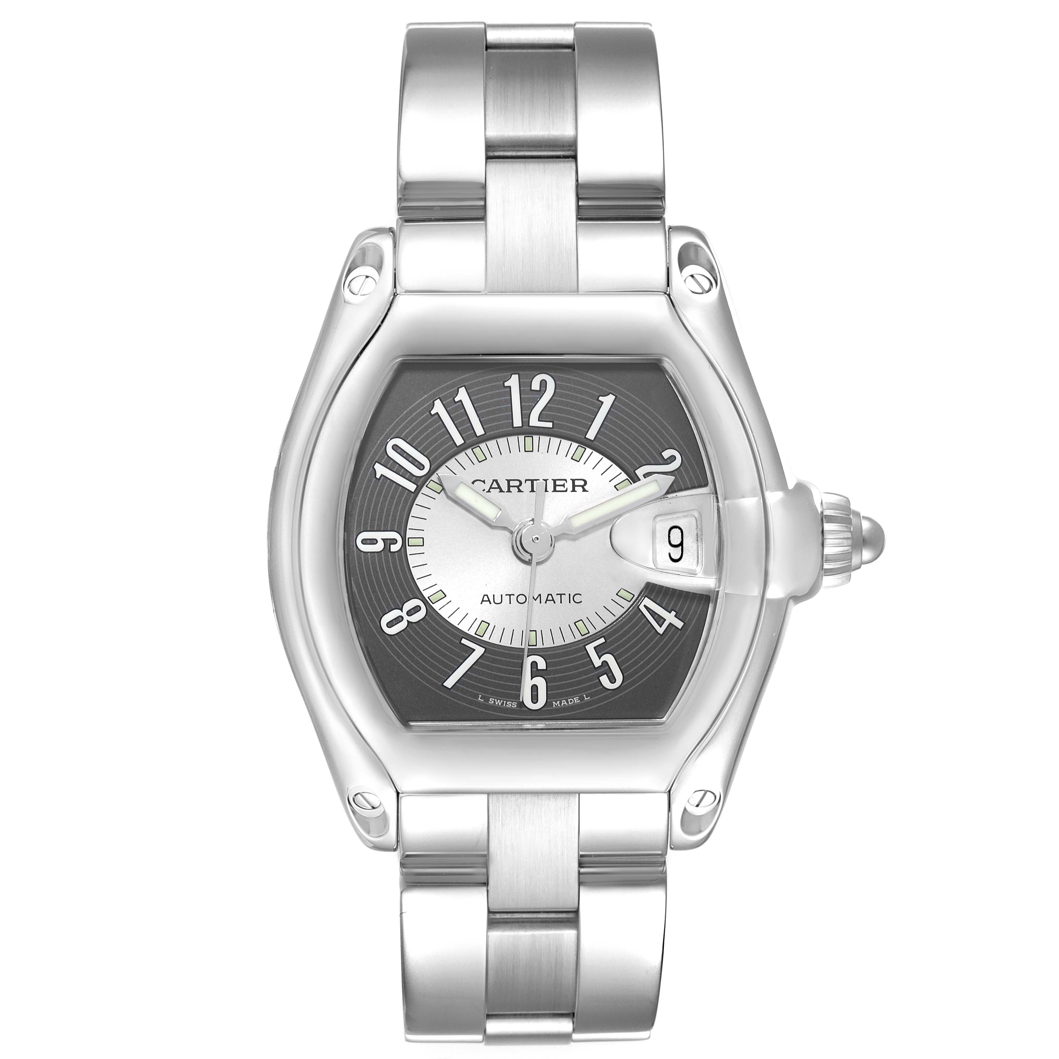 The image shows a front view of the Cartier Roadster W62001V3 Men's Stainless Steel Silver Dial W62001V3 Men's Stainless Steel Silver Dial watch, displaying its face and stainless steel bracelet.