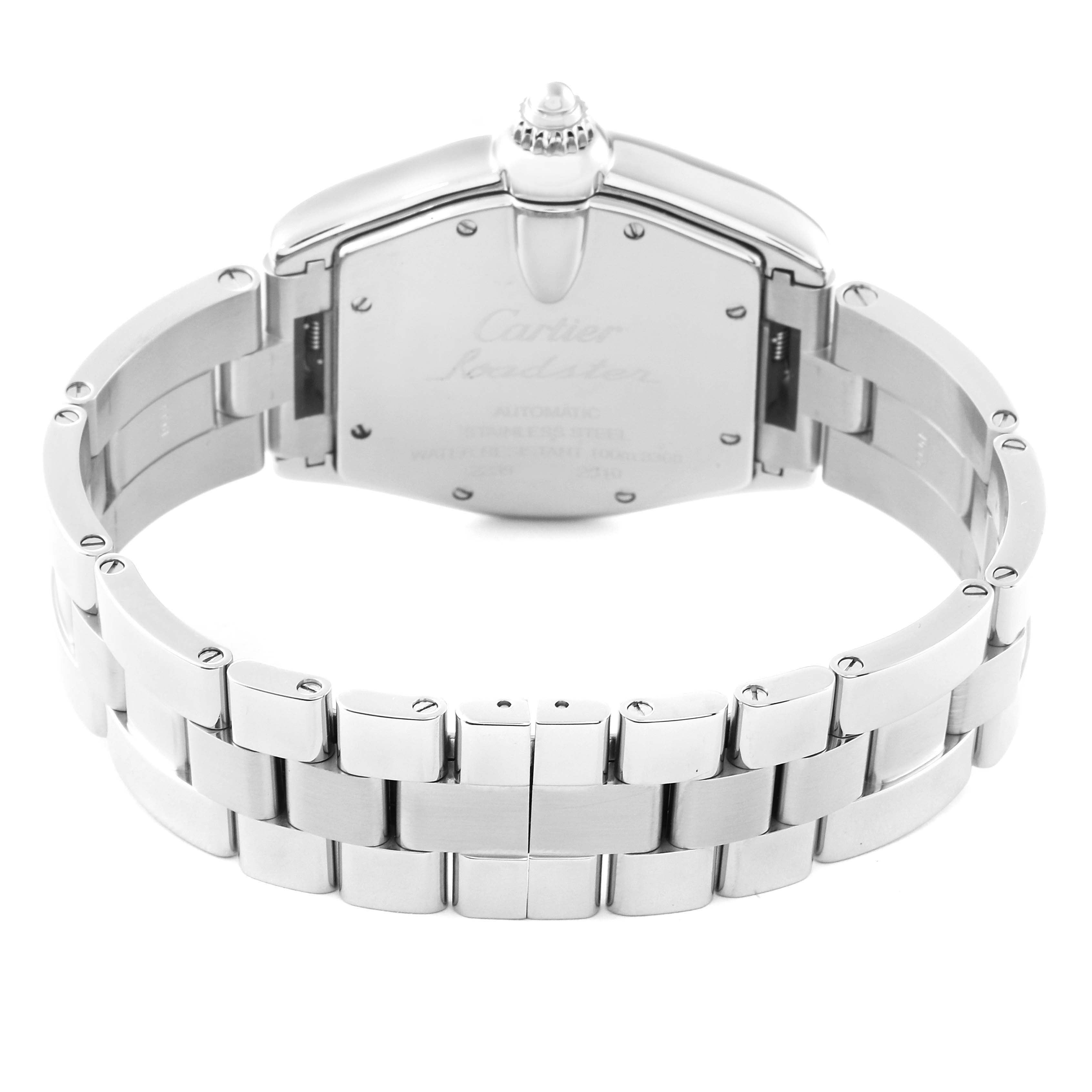 The image shows the back view of a Cartier Roadster W62001V3 Men's Stainless Steel Silver Dial W62001V3 Men's Stainless Steel Silver Dial watch, highlighting the case back and bracelet.
