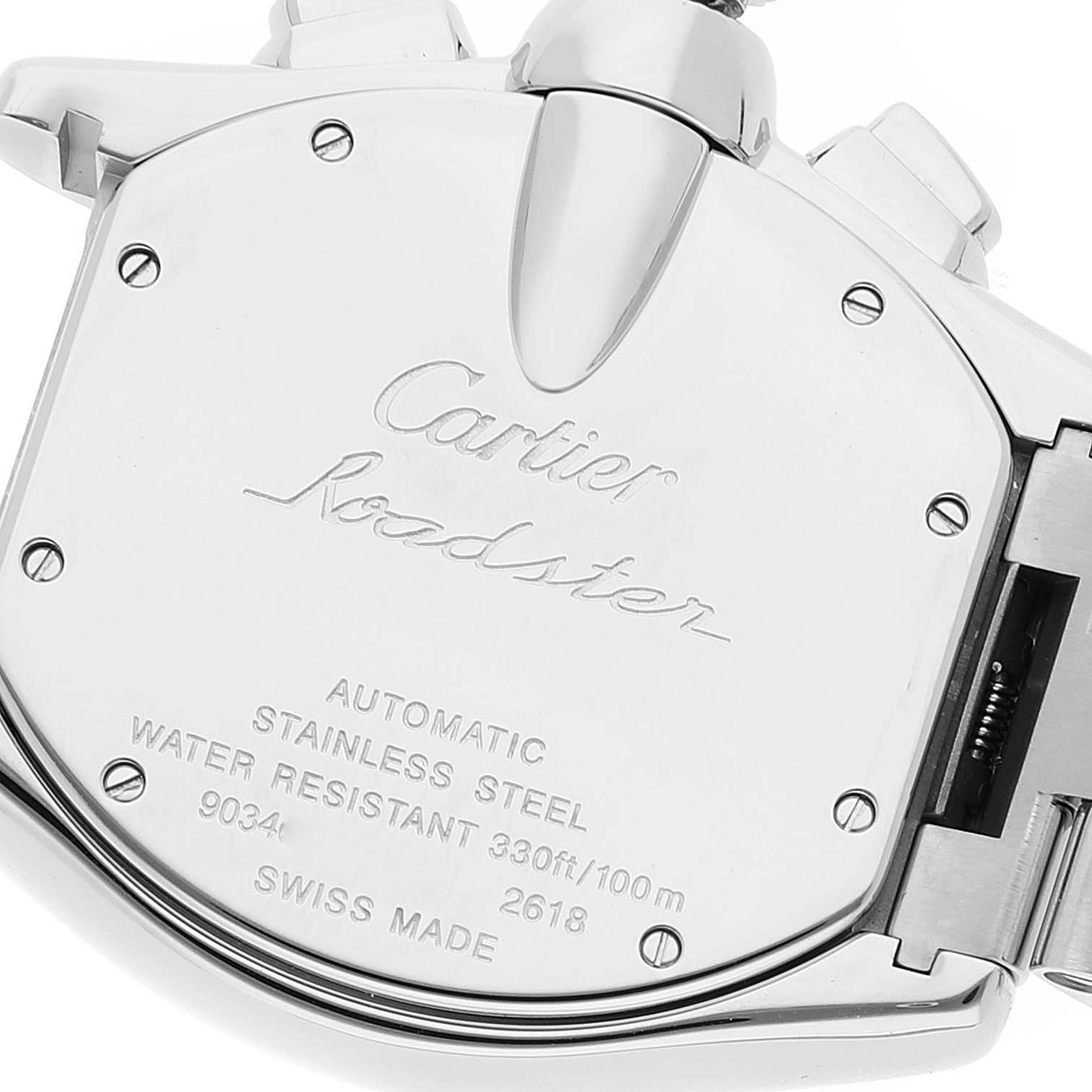 This is a close-up shot of the back case of a Cartier Roadster W62020X6 Men's Stainless Steel Black Dial W62020X6 Men's Stainless Steel Black Dial watch, showcasing engraving and construction details.