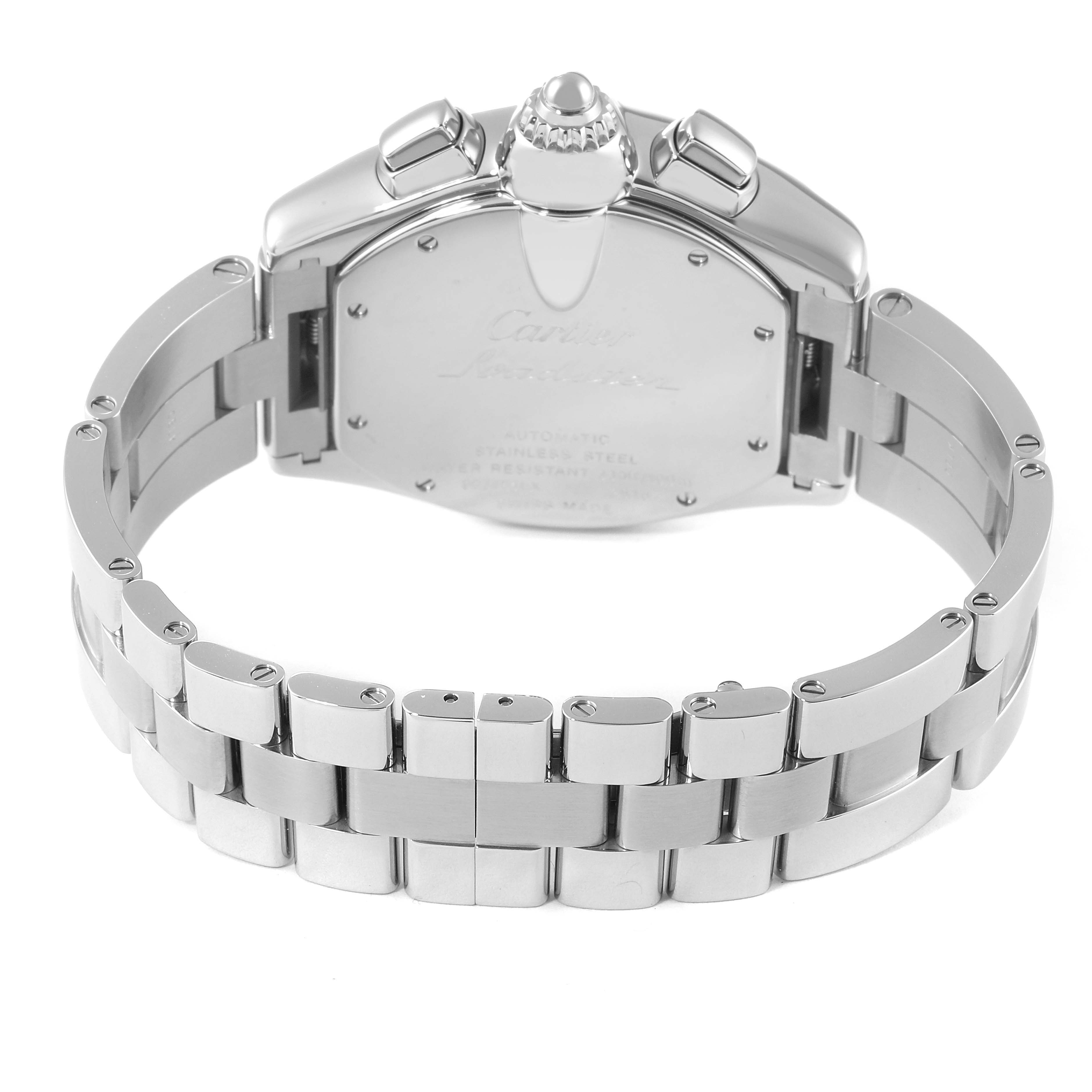 The image shows the back and bracelet of a Cartier Roadster W62020X6 Men's Stainless Steel Black Dial W62020X6 Men's Stainless Steel Black Dial watch from a slightly raised and rearward angle.