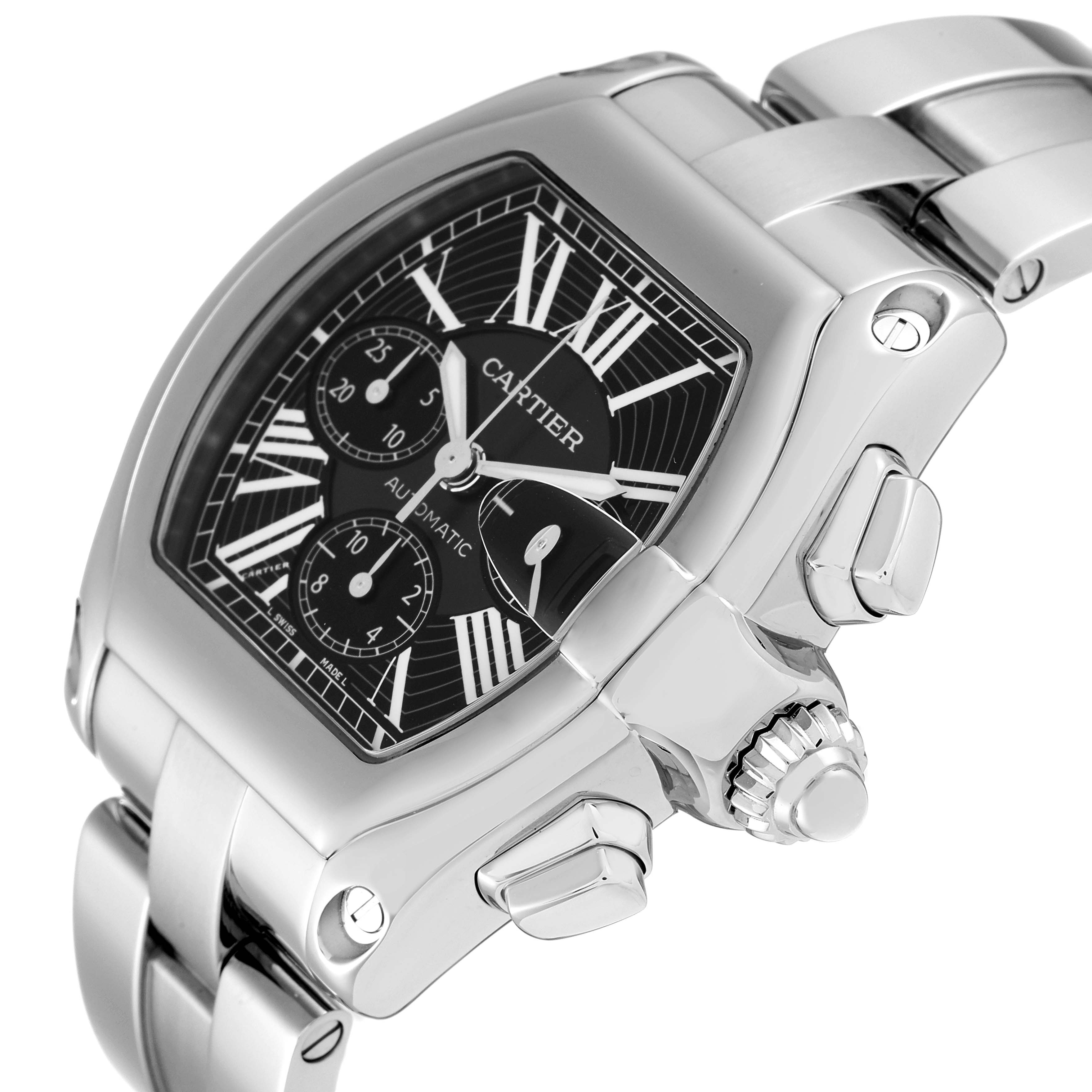 The image shows a close-up of the Cartier Roadster W62020X6 Men's Stainless Steel Black Dial W62020X6 Men's Stainless Steel Black Dial watch face and bracelet from a tilted angle.