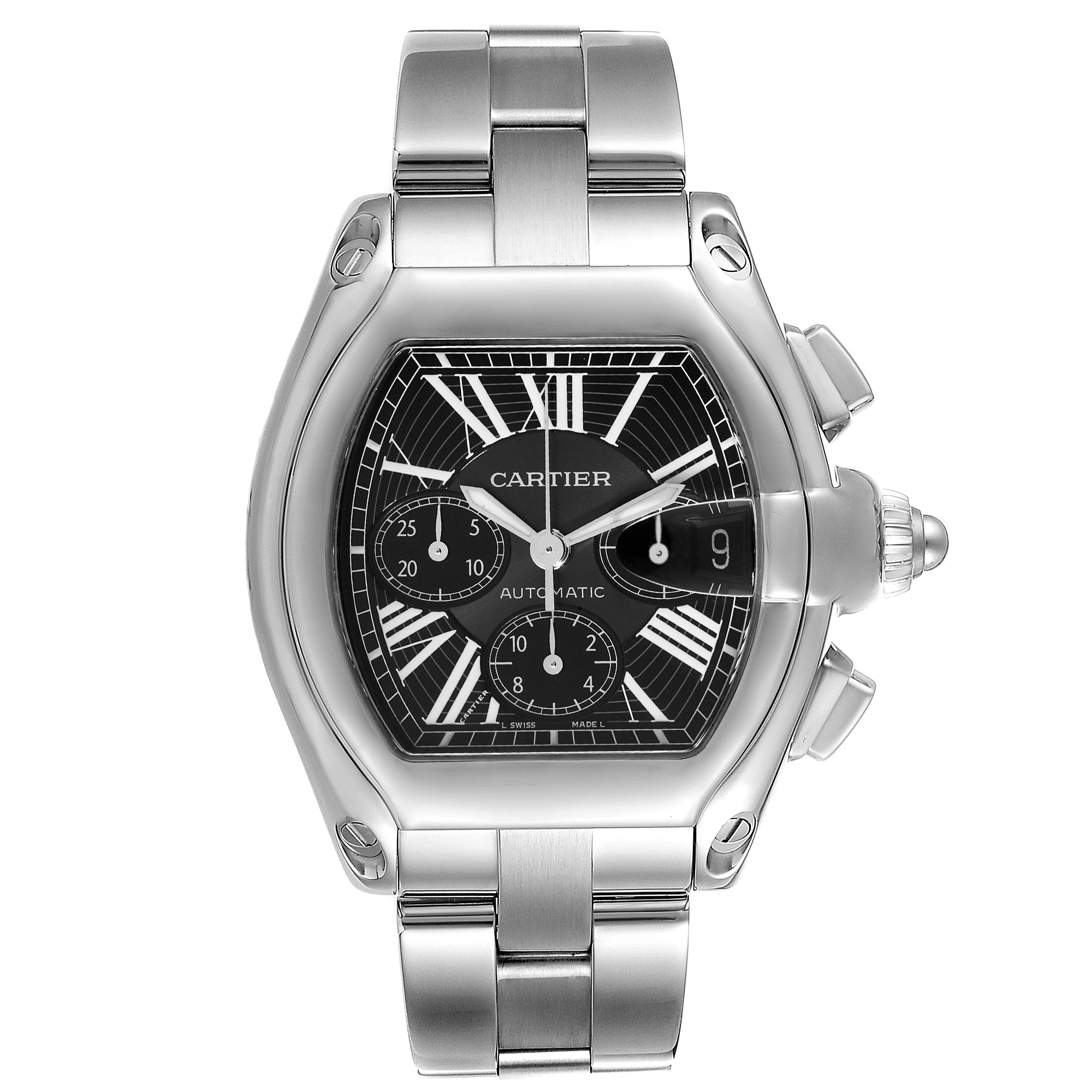 The Cartier Roadster W62020X6 Men's Stainless Steel Black Dial W62020X6 Men's Stainless Steel Black Dial watch is shown from a front angle, highlighting its dial, bezel, and bracelet.
