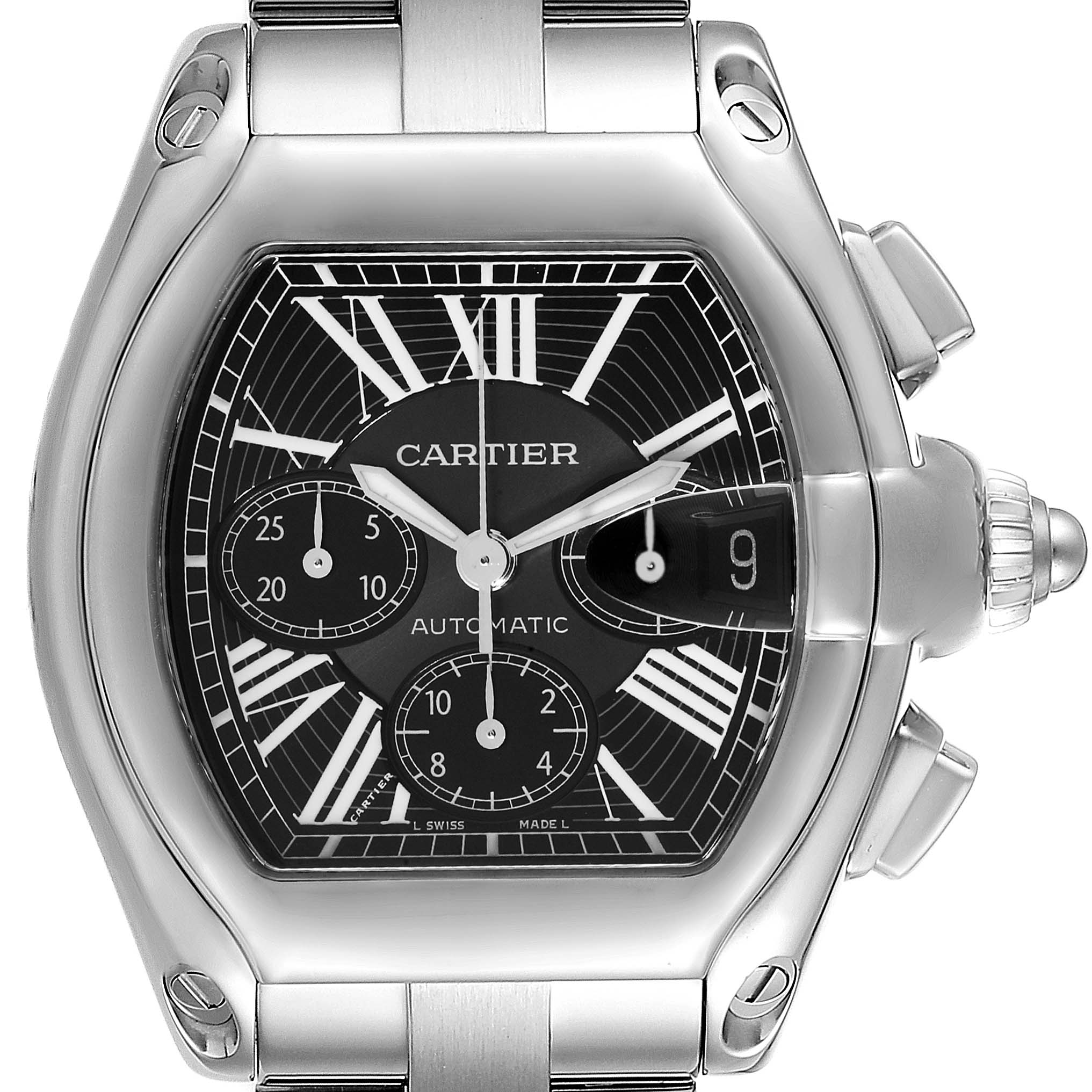 This image shows a close-up of the Cartier Roadster W62020X6 Men's Stainless Steel Black Dial W62020X6 Men's Stainless Steel Black Dial model watch face and crown from a front angle.