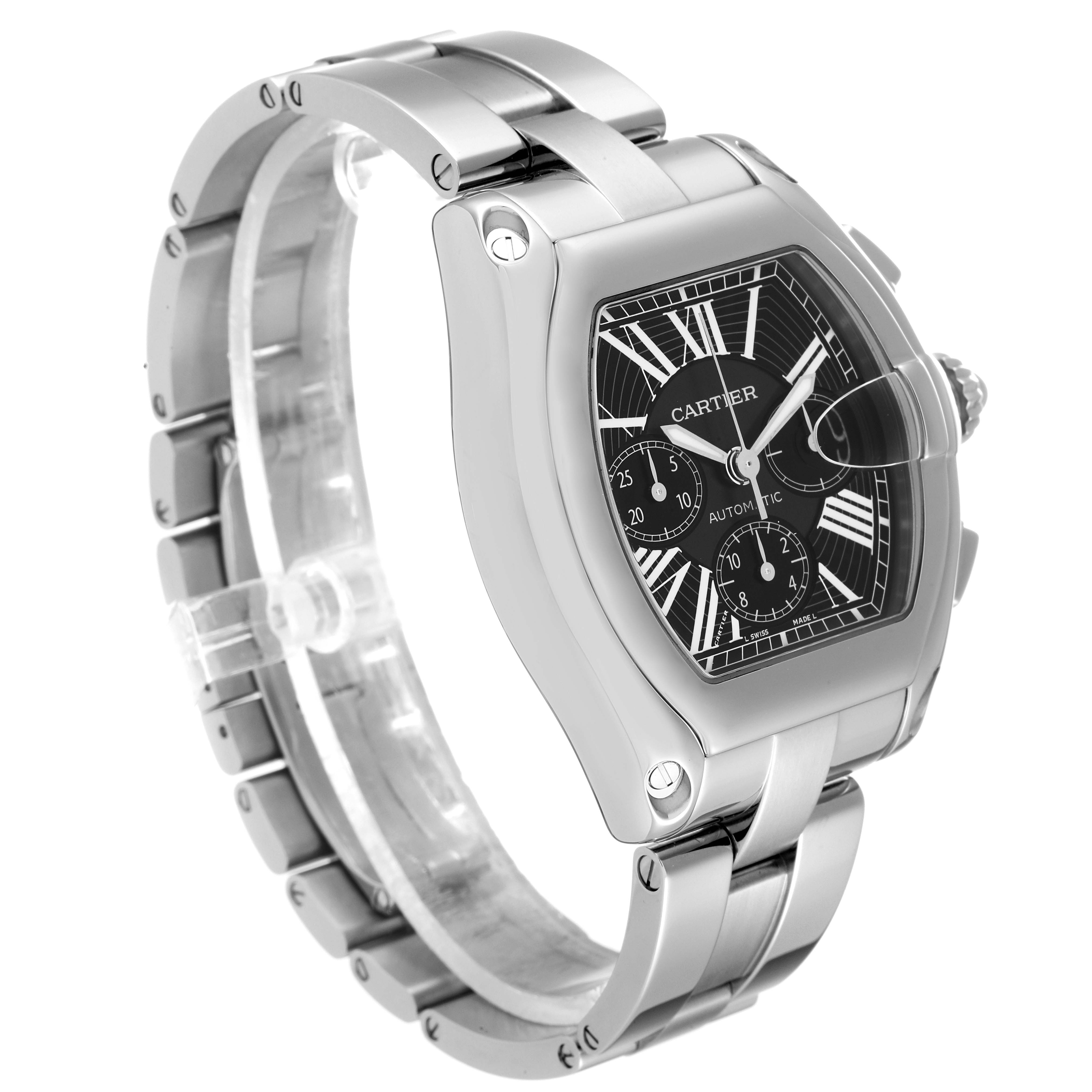 This image shows a side angle view of the Cartier Roadster W62020X6 Men's Stainless Steel Black Dial W62020X6 Men's Stainless Steel Black Dial watch, highlighting its case, dial, and bracelet.