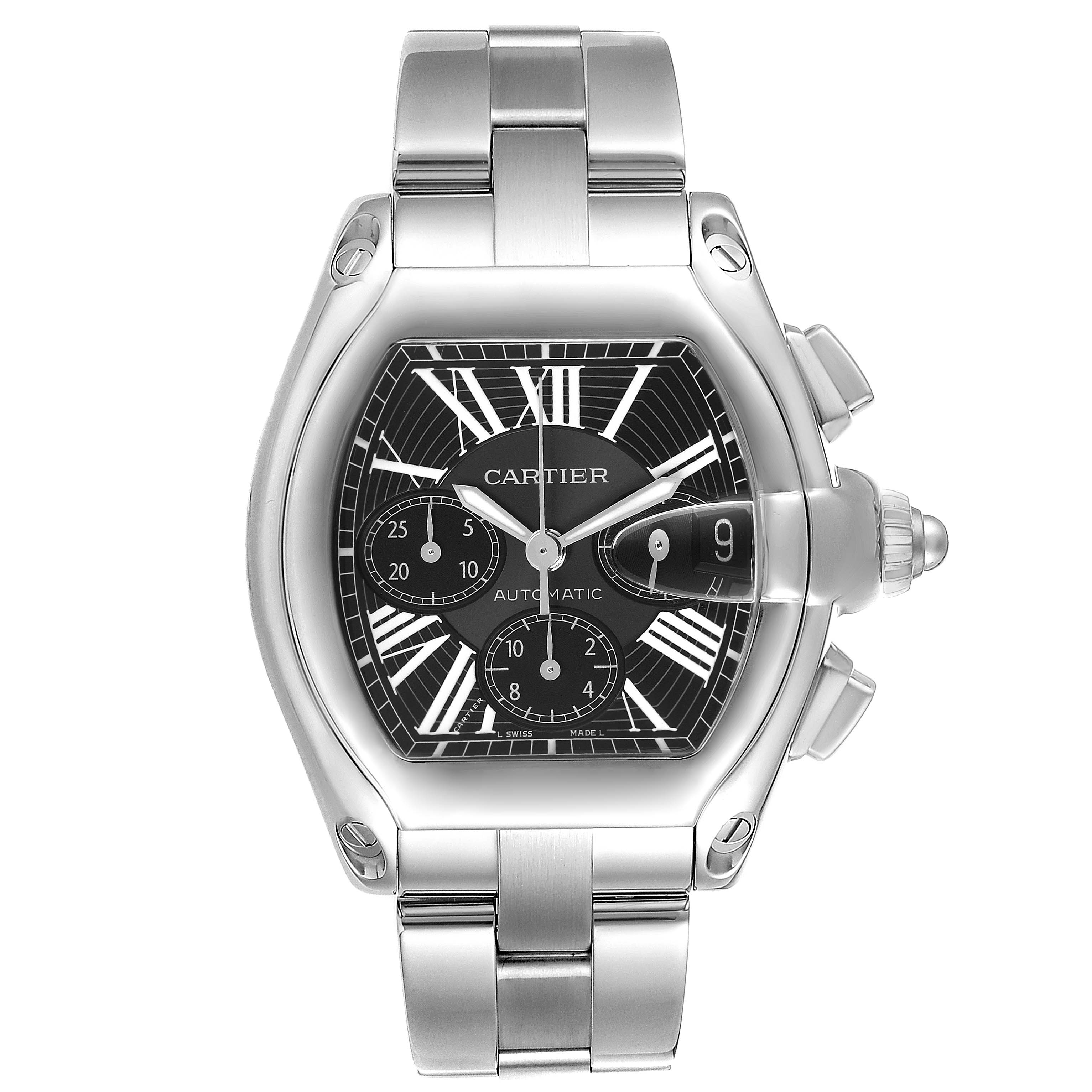 The Cartier Roadster W62020X6 Men
s Stainless Steel Black Dial W62020X6 Men
s Stainless Steel Black Dial watch is shown from a top view, displaying the face, bracelet, and crown detail prominently.