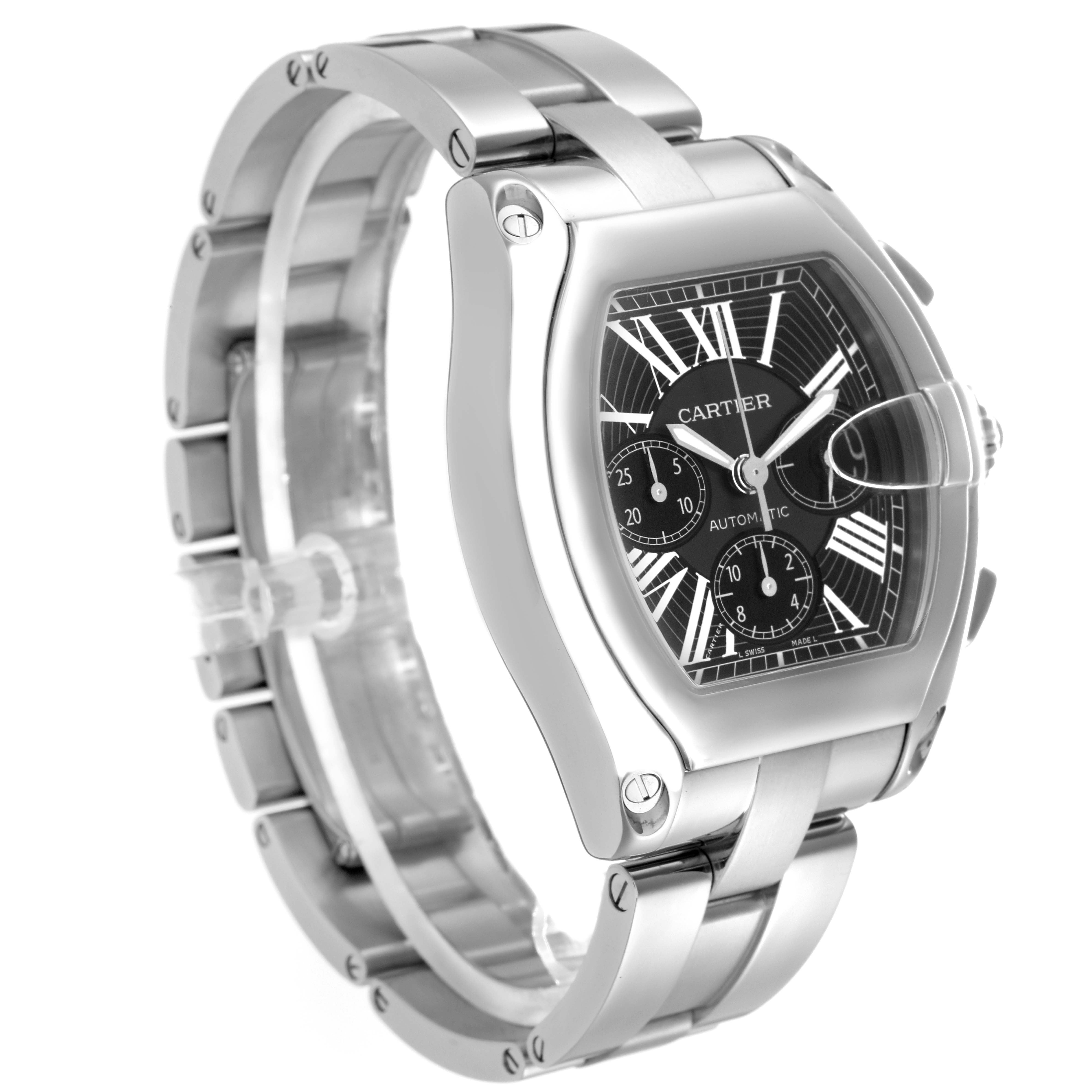 The Cartier Roadster W62020X6 Men
s Stainless Steel Black Dial W62020X6 Men
s Stainless Steel Black Dial watch is shown at a slight angle, highlighting the face, case, and part of the bracelet.