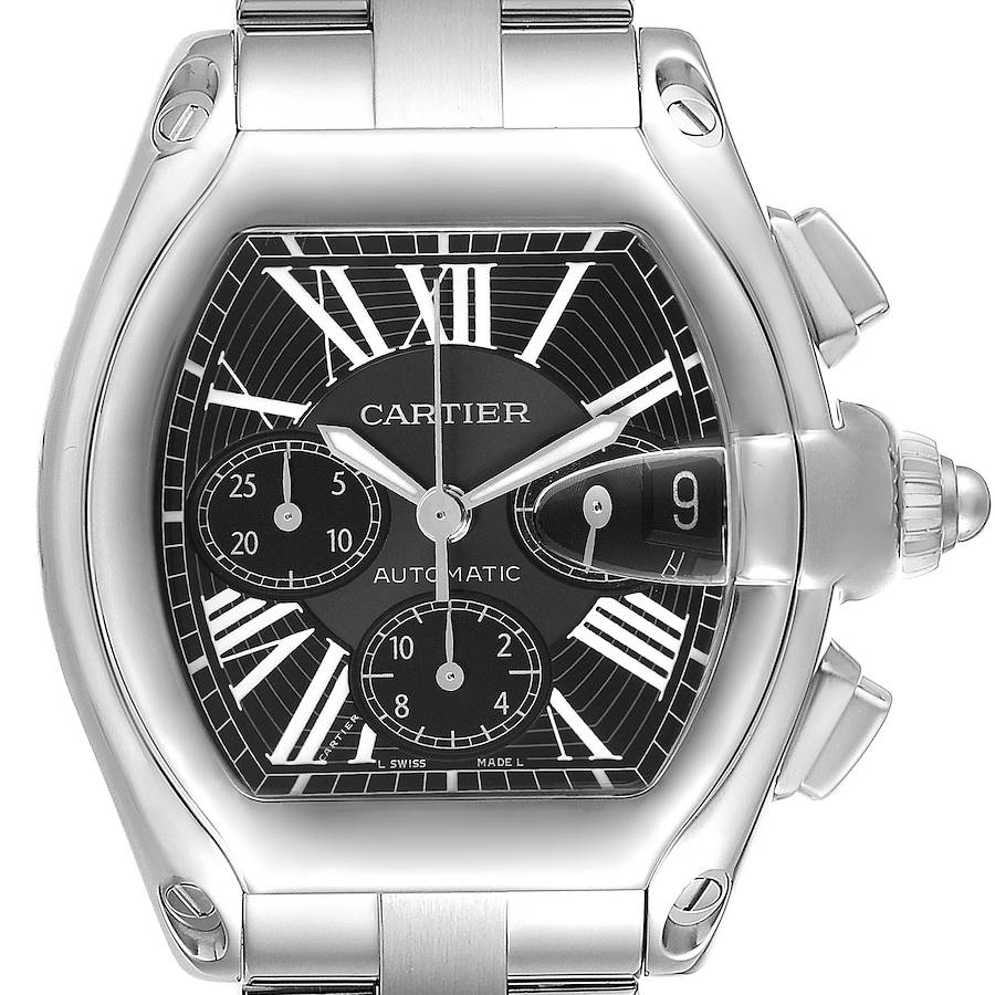 The Cartier Roadster watch is shown from a front angle, displaying its face, crown, and chronograph subdials.