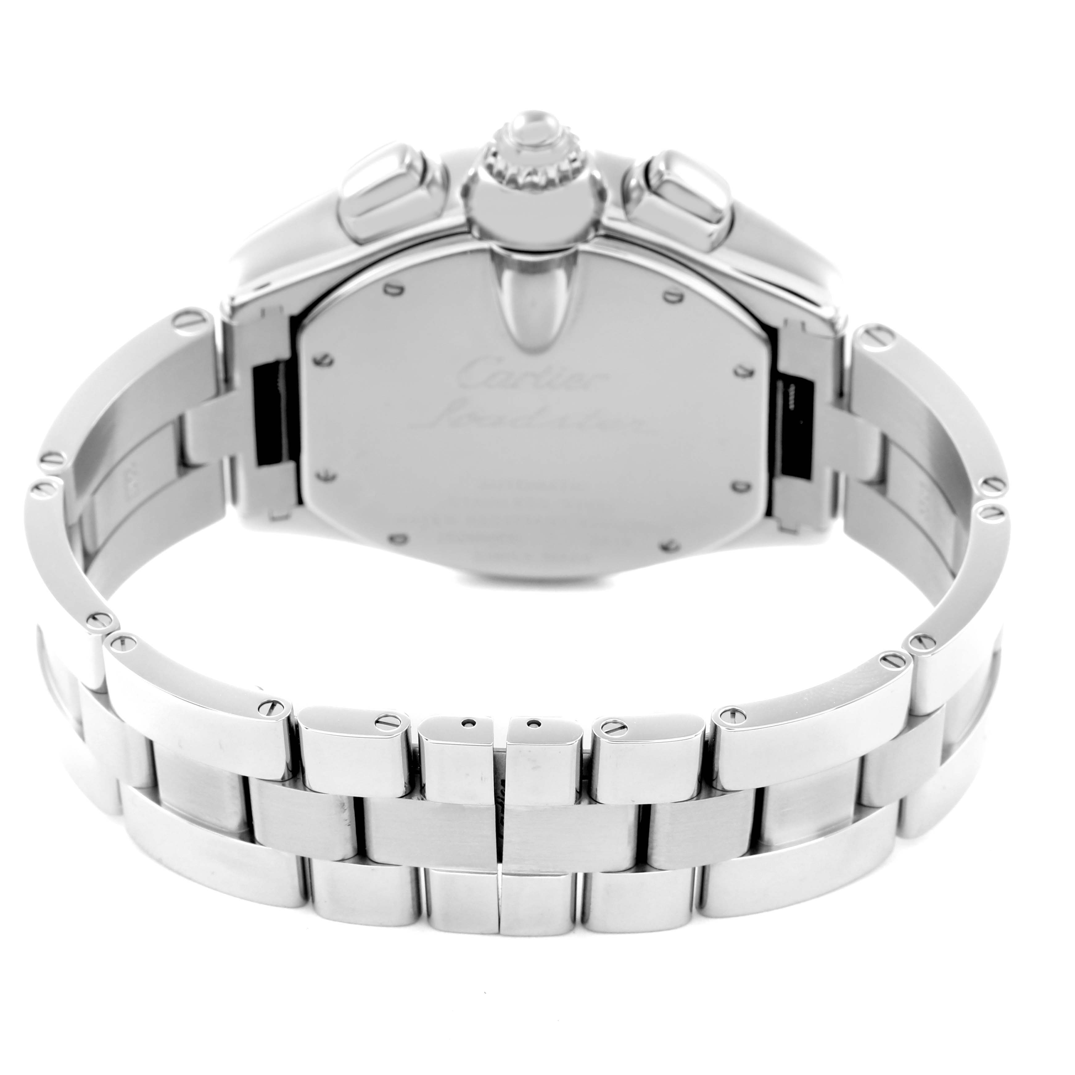 The image shows the back of a Cartier Roadster W62020X6 Men
s Stainless Steel Black Dial W62020X6 Men
s Stainless Steel Black Dial watch, highlighting its metal bracelet and clasp.