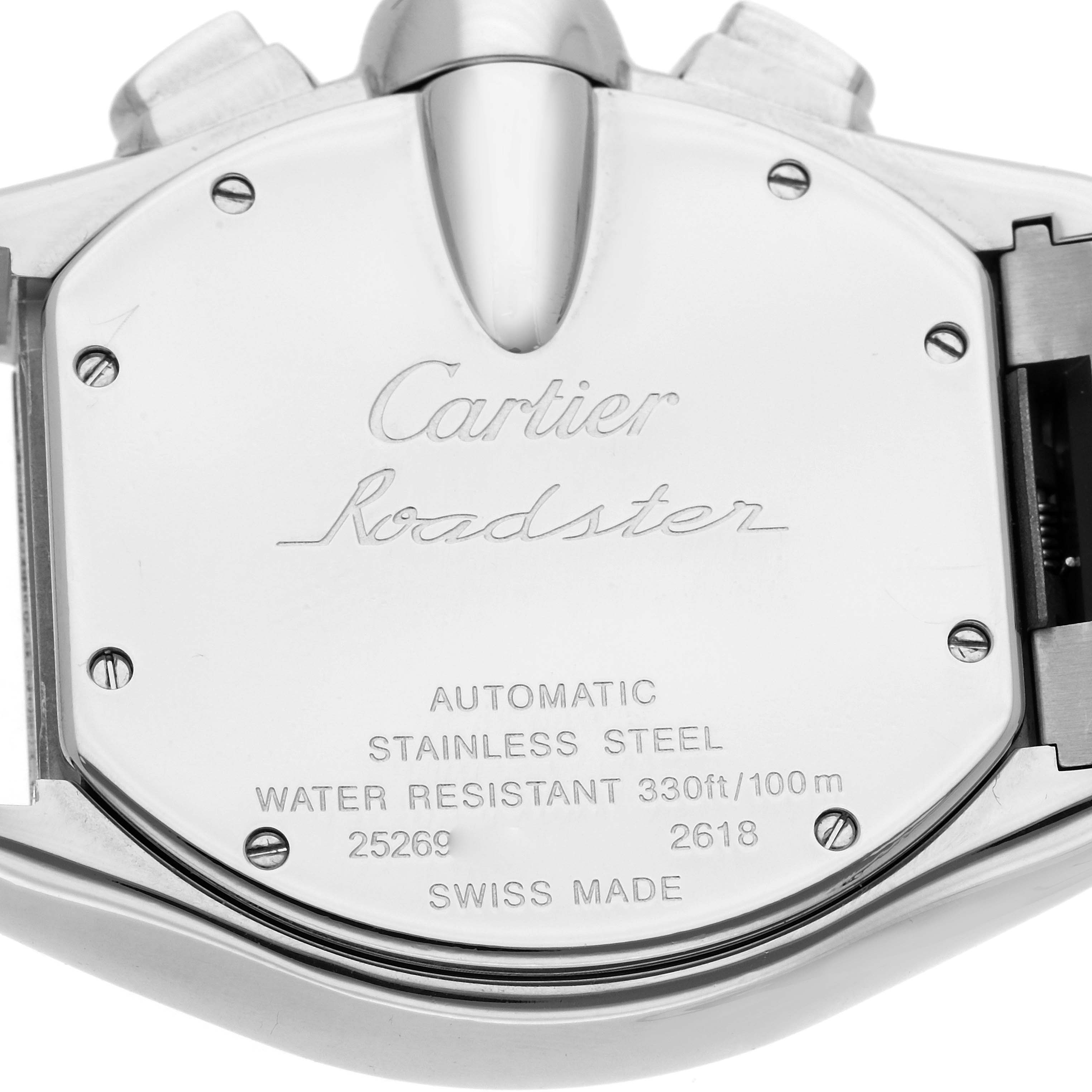 The image shows the back case of a Cartier Roadster W62020X6 Men
s Stainless Steel Black Dial W62020X6 Men
s Stainless Steel Black Dial watch, displaying brand engravings and specifications.