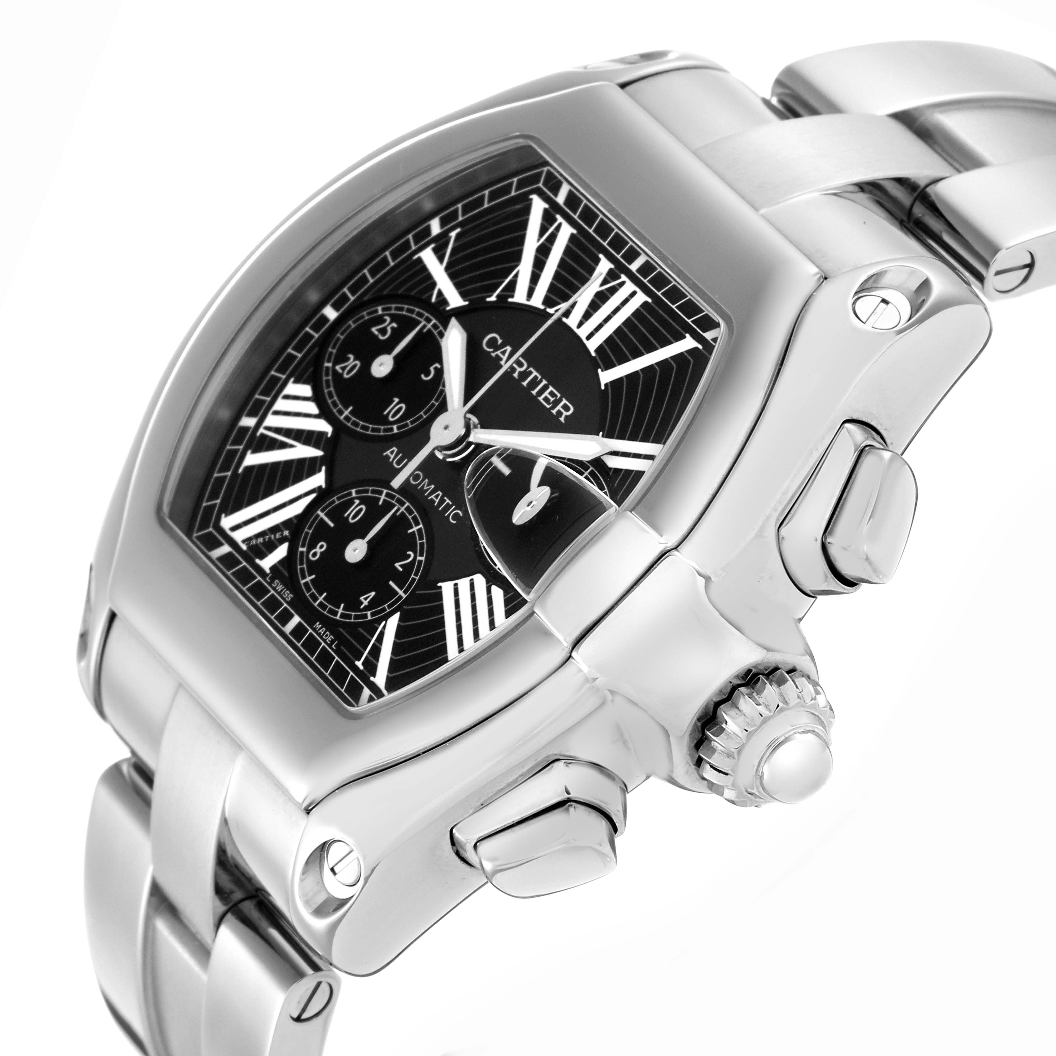 The Cartier Roadster W62020X6 Men
s Stainless Steel Black Dial W62020X6 Men
s Stainless Steel Black Dial watch is shown at an angle highlighting the dial, crown, and part of the bracelet.