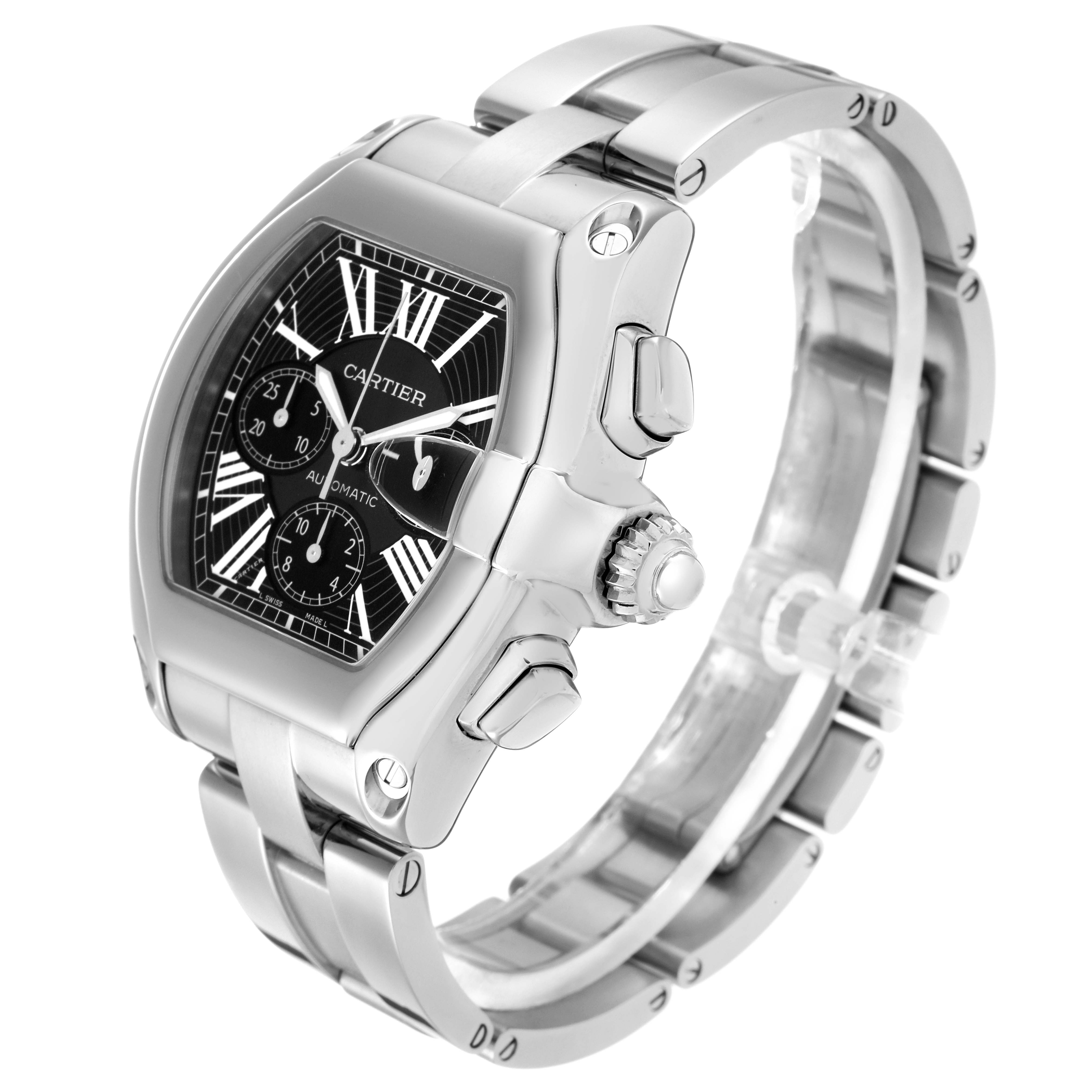 The Cartier Roadster W62020X6 Men
s Stainless Steel Black Dial W62020X6 Men
s Stainless Steel Black Dial watch is shown at a three-quarter angle, displaying the face, crown, and metal bracelet.