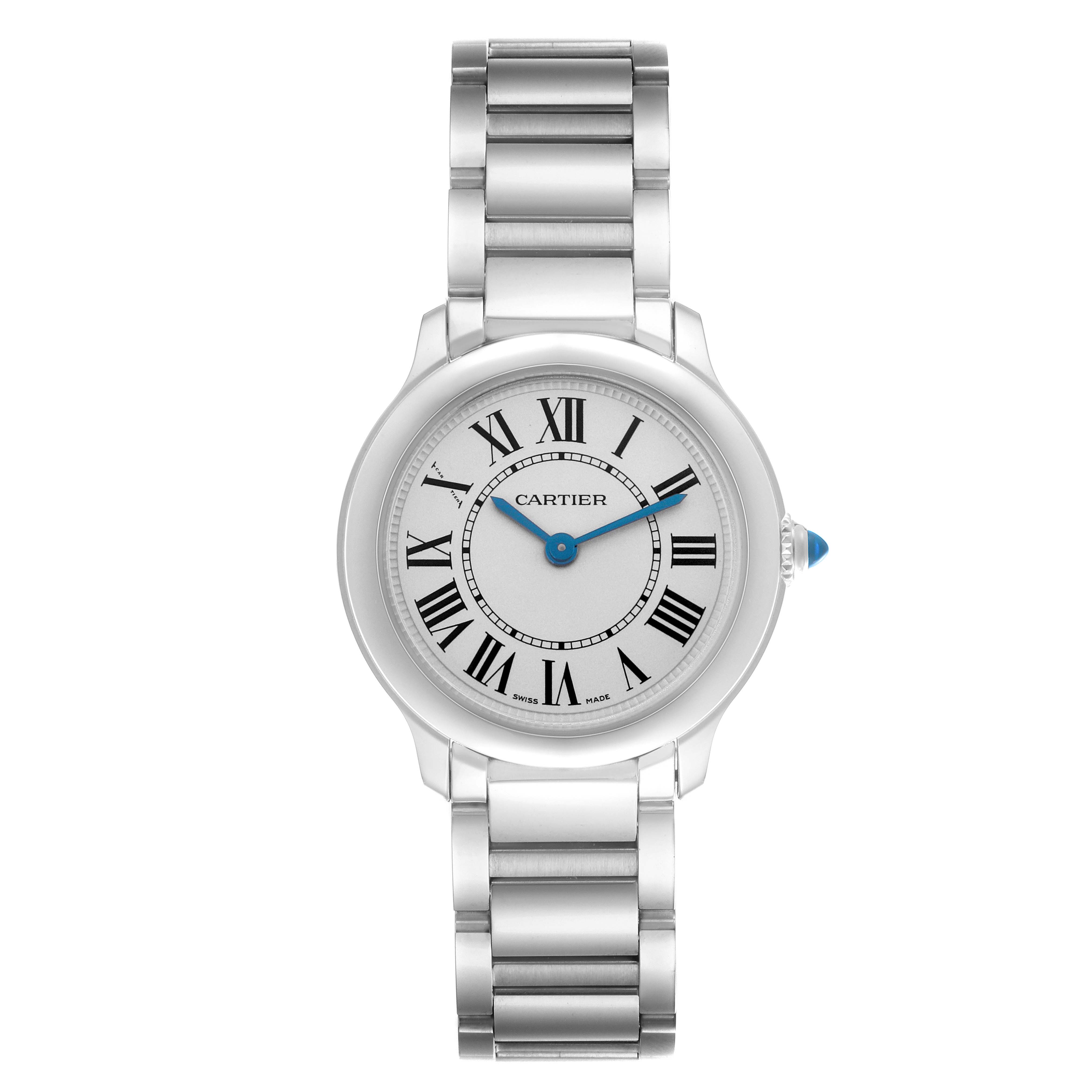 The Cartier Ronde WSRN0033 Women
s Stainless Steel Silver Dial WSRN0033 Women
s Stainless Steel Silver Dial watch is shown from a top-down angle, displaying the face, Roman numeral markers, blue hands, and metal bracelet.