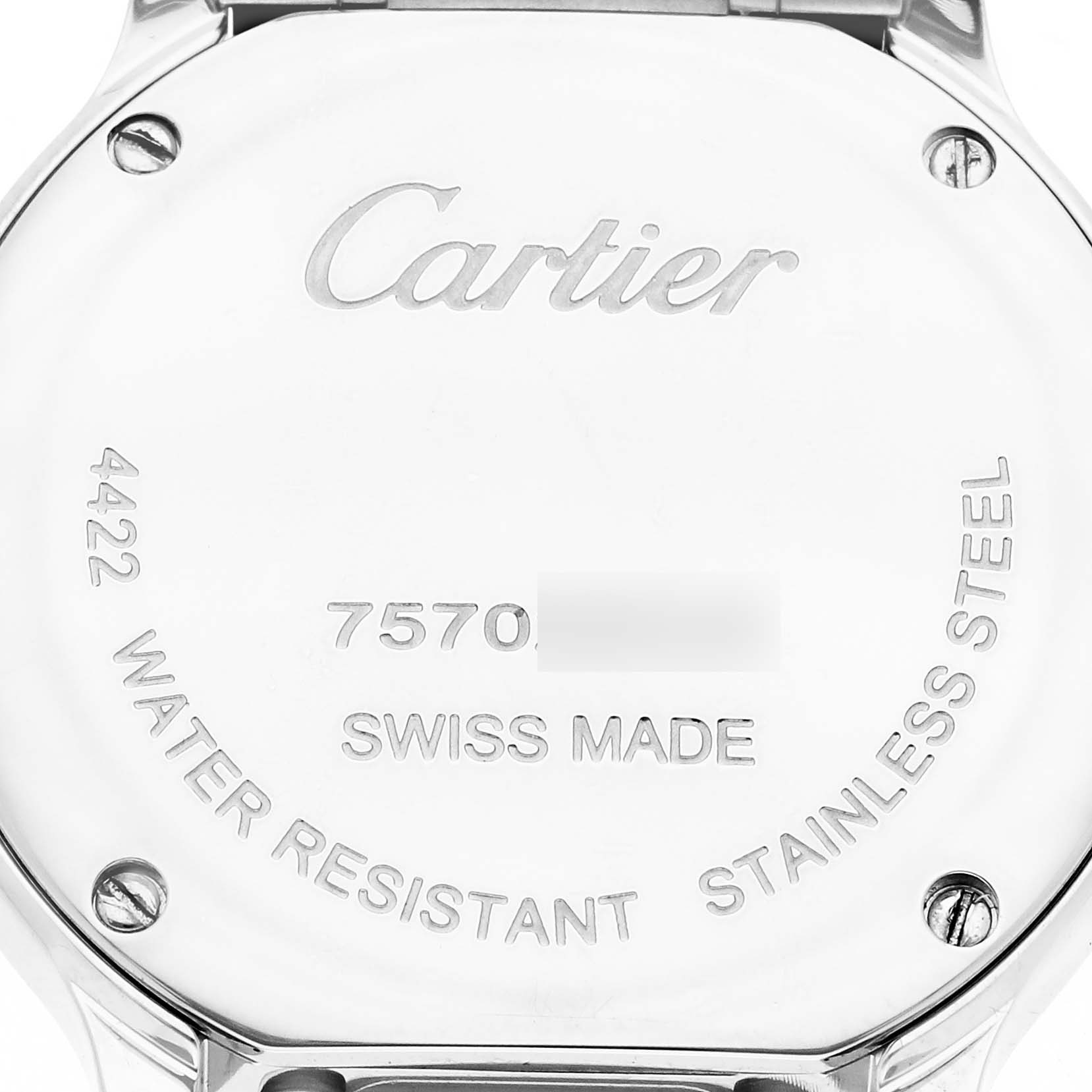 The image shows the back case of the Cartier Ronde WSRN0033 Women
s Stainless Steel Silver Dial WSRN0033 Women
s Stainless Steel Silver Dial model, displaying the brand name, model number, and material details.