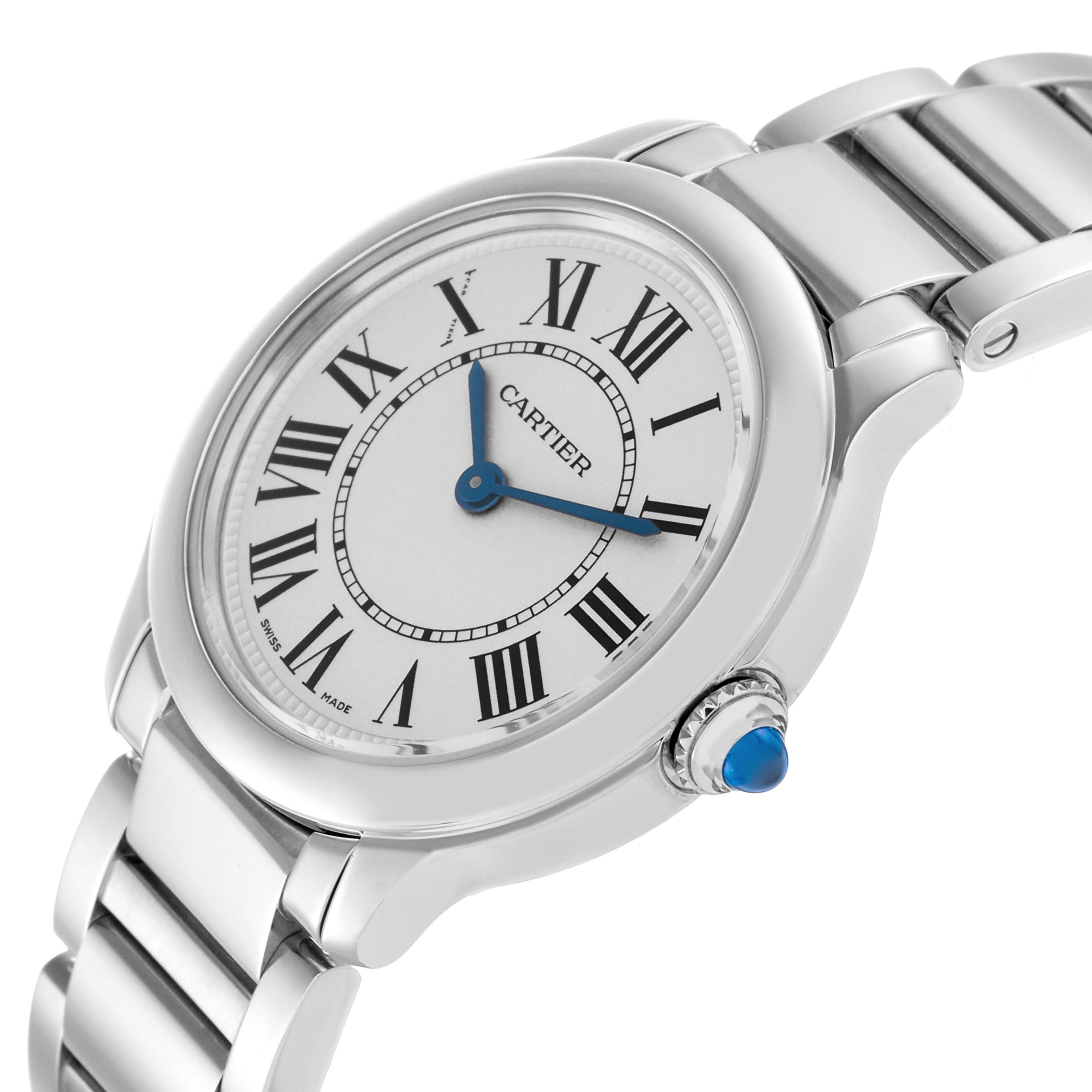 The Cartier Ronde WSRN0033 Women
s Stainless Steel Silver Dial WSRN0033 Women
s Stainless Steel Silver Dial watch is shown at an angle highlighting the face, Roman numerals, blue hands, crown, and part of the metal bracelet.