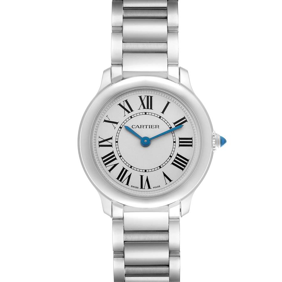 The Cartier Ronde watch is shown from the front, displaying the dial, bezel, and metal bracelet.