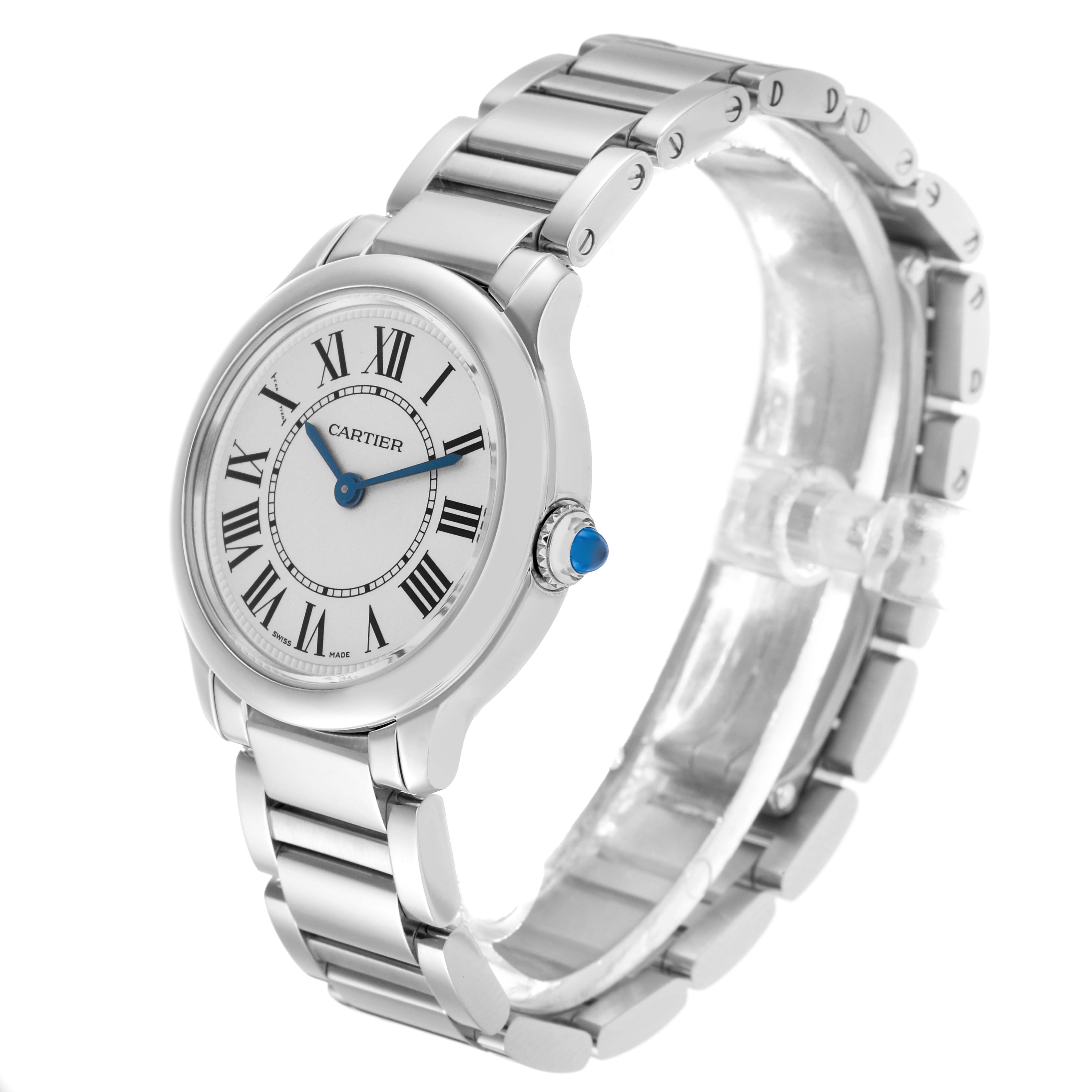 The Cartier Ronde WSRN0033 Women
s Stainless Steel Silver Dial WSRN0033 Women
s Stainless Steel Silver Dial watch is shown at a three-quarter angle, displaying its face, case, crown, and part of the metal bracelet.