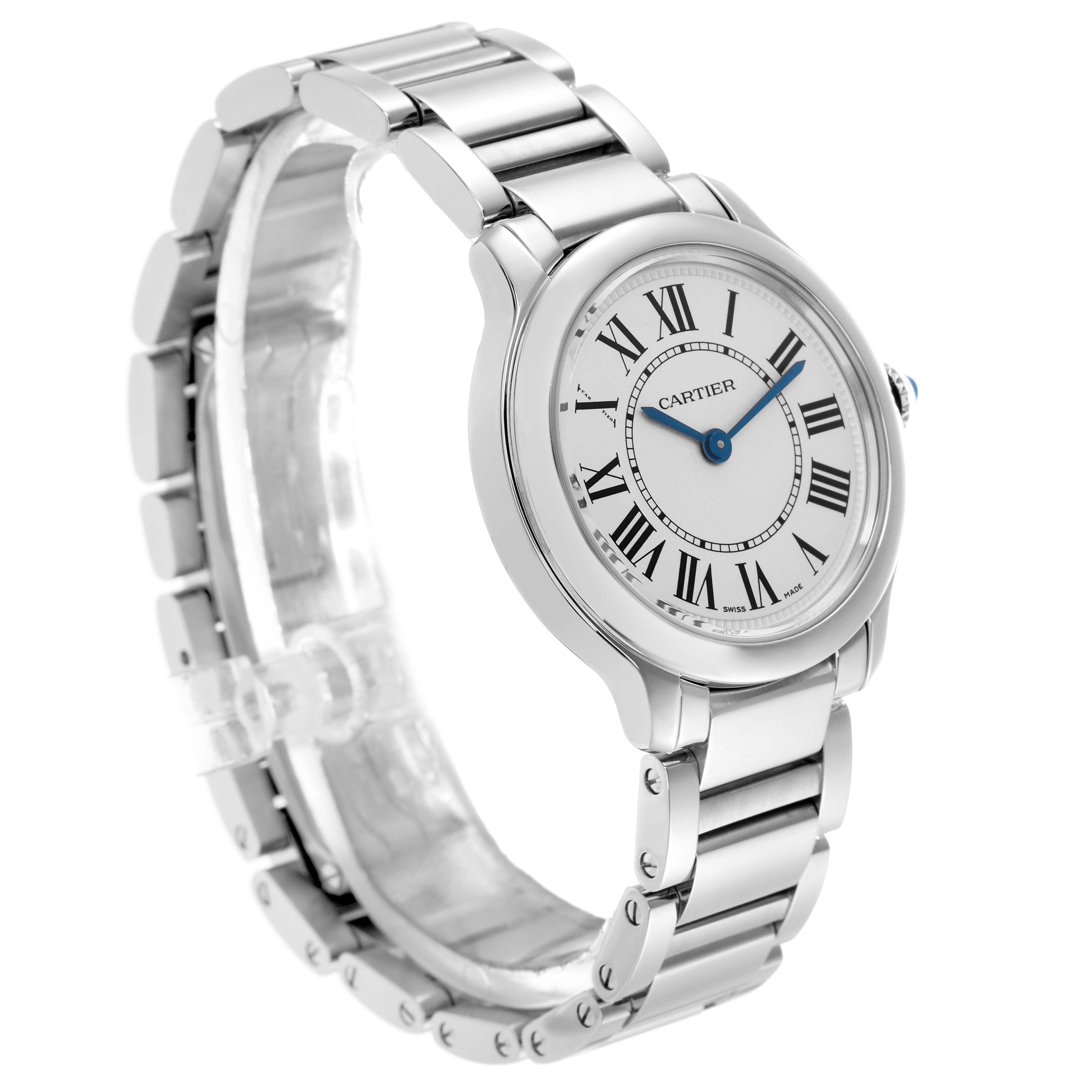 The Cartier Ronde WSRN0033 Women
s Stainless Steel Silver Dial WSRN0033 Women
s Stainless Steel Silver Dial watch is shown at a three-quarter angle, displaying the dial, case, and bracelet with Roman numeral hour markers.