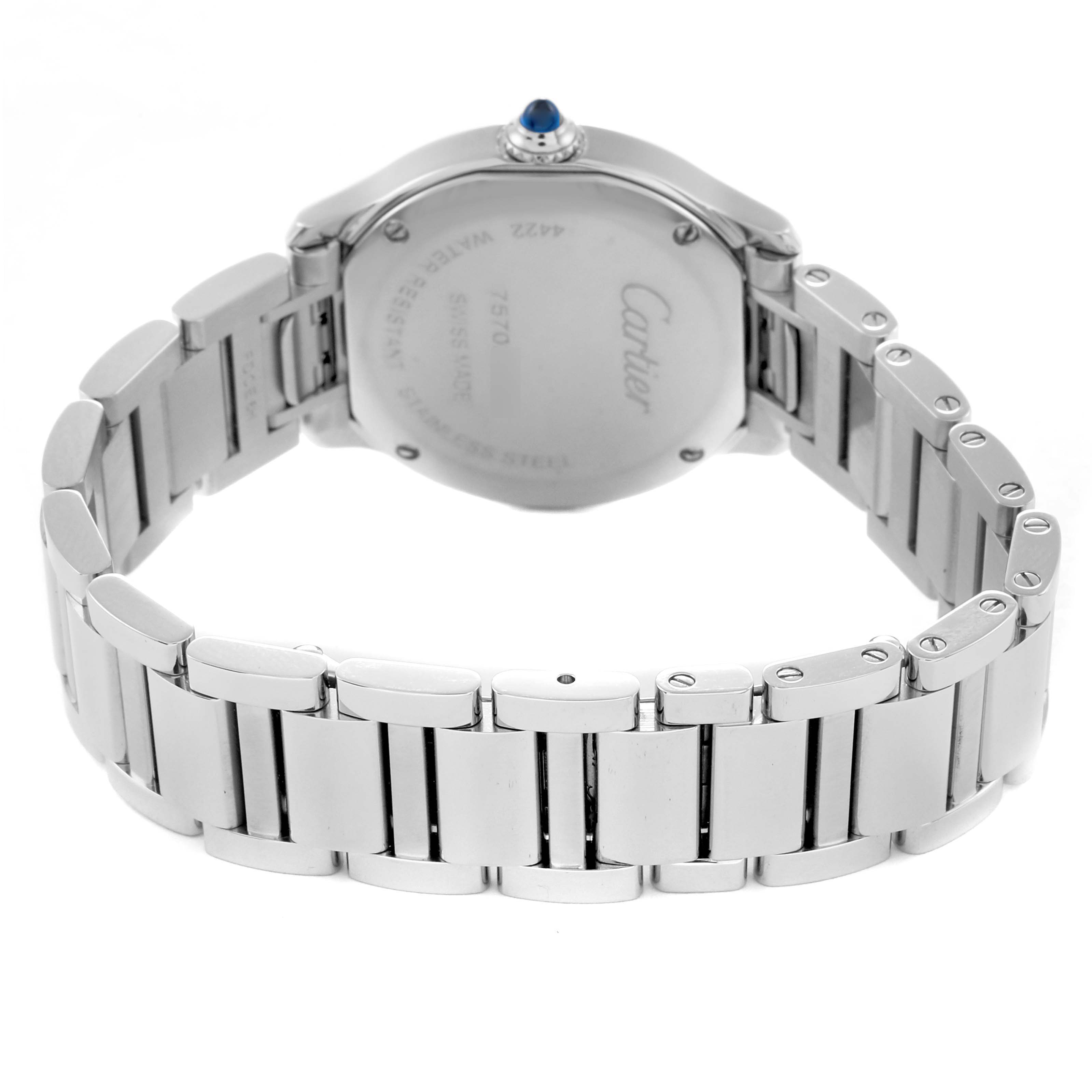 The image shows the back of the Cartier Ronde WSRN0033 Women
s Stainless Steel Silver Dial WSRN0033 Women
s Stainless Steel Silver Dial watch, highlighting the case back, crown, and metal bracelet.