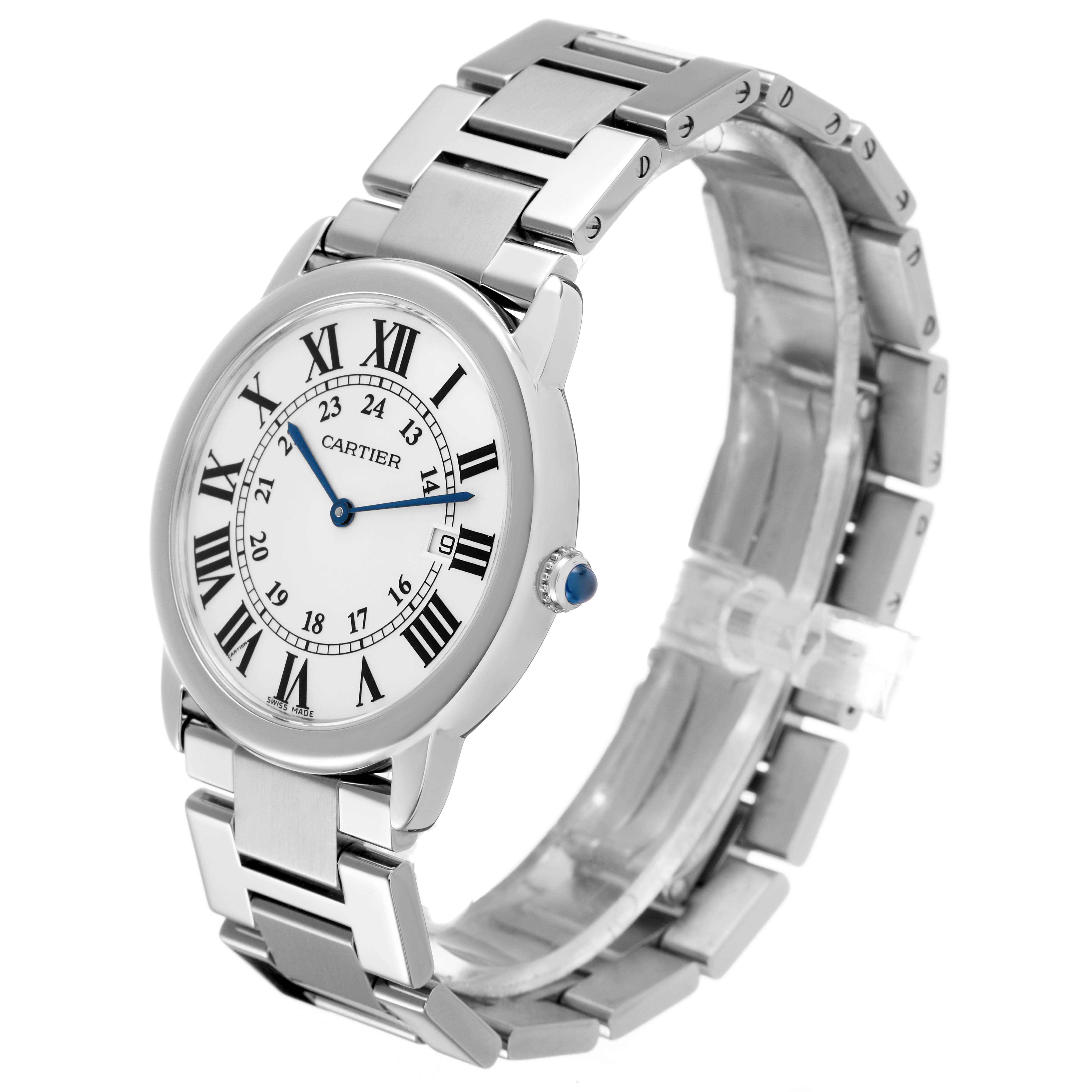 The Cartier Ronde W6701005 Men's Stainless Steel White Dial watch is shown at a three-quarter angle, displaying its face, bezel, bracelet, and crown.