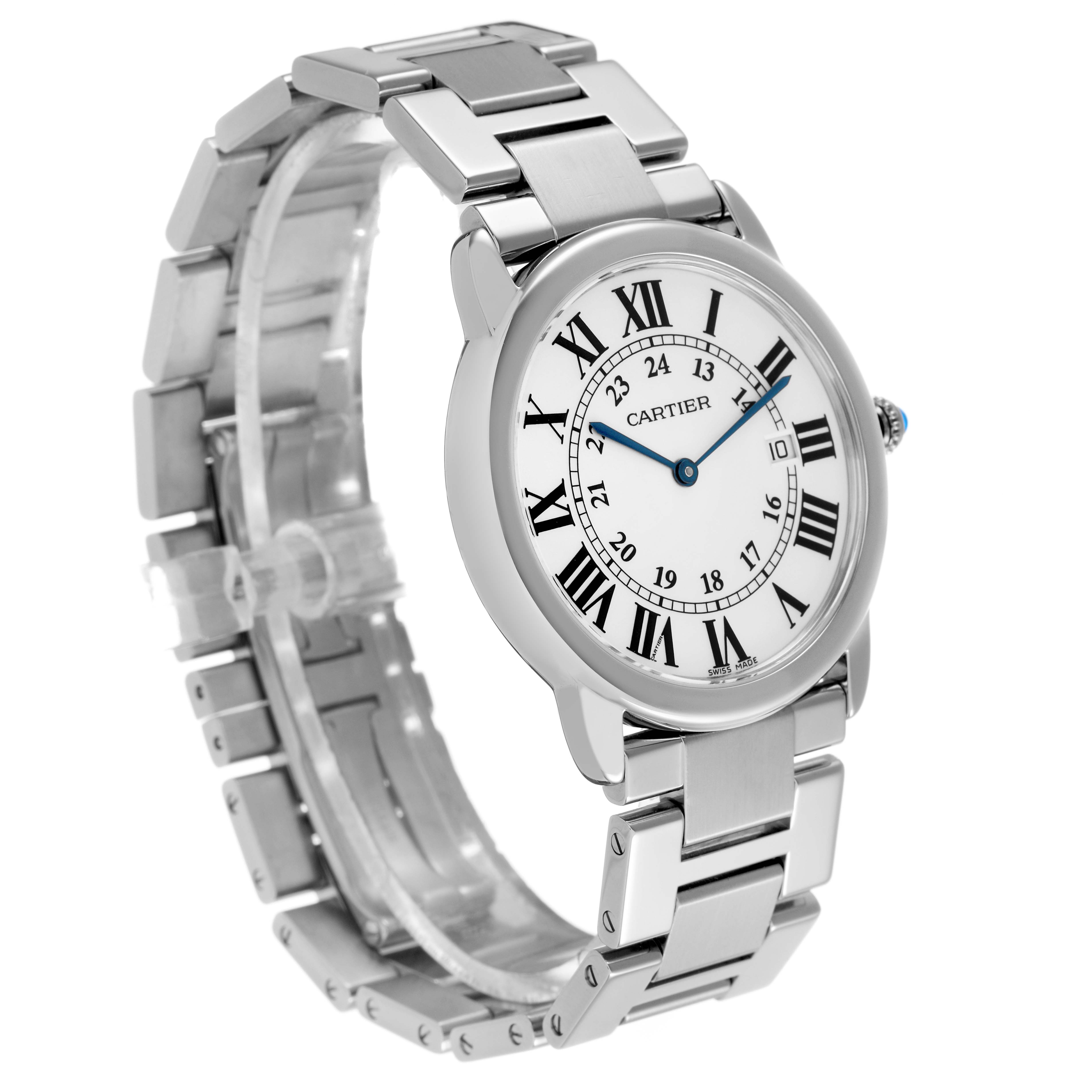 The Cartier Ronde W6701005 Men's Stainless Steel White Dial watch is shown at a front angle, displaying the face, Roman numerals, and metal bracelet.