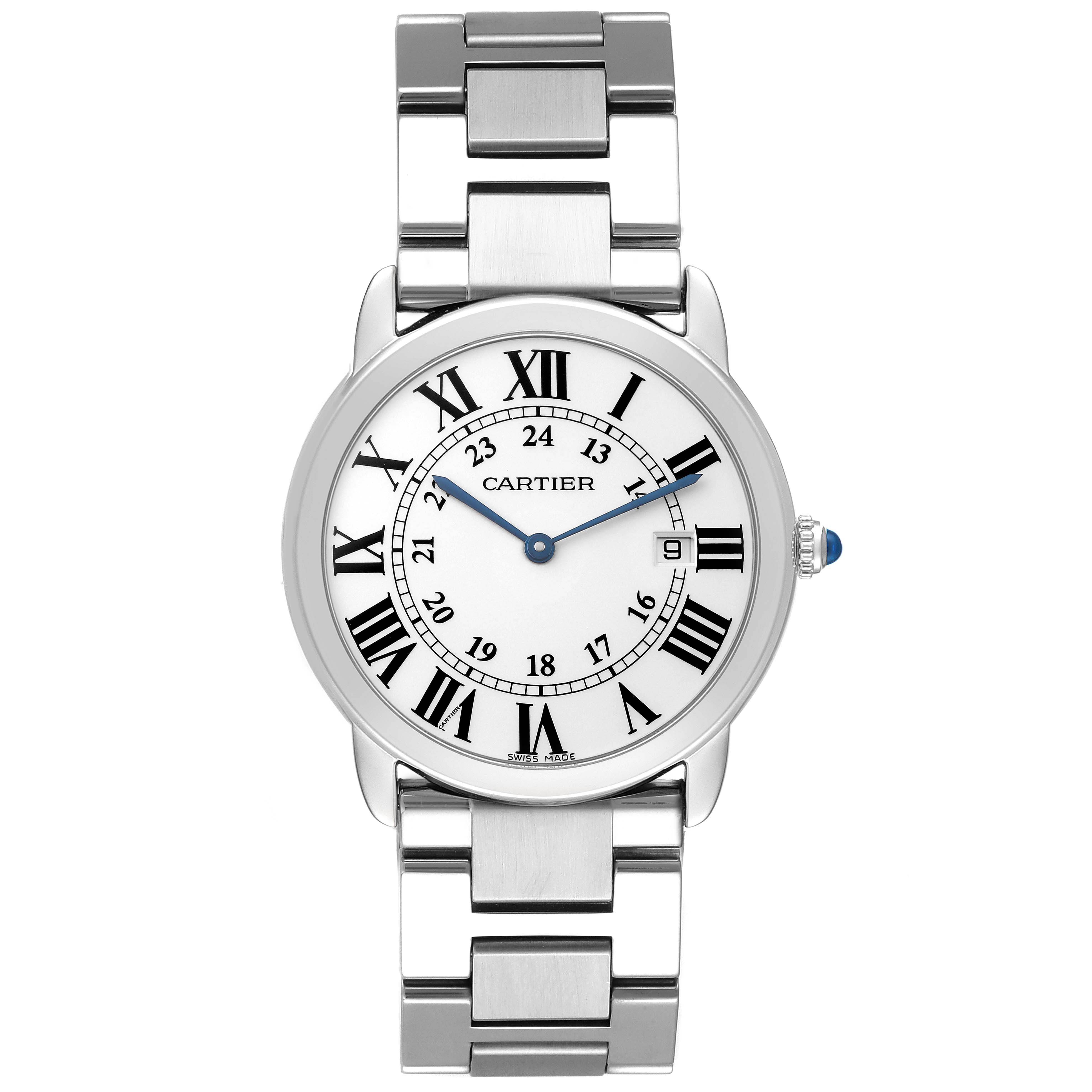 The Cartier Ronde W6701005 Men's Stainless Steel White Dial watch is shown from the front, displaying its face, band, and winder.
