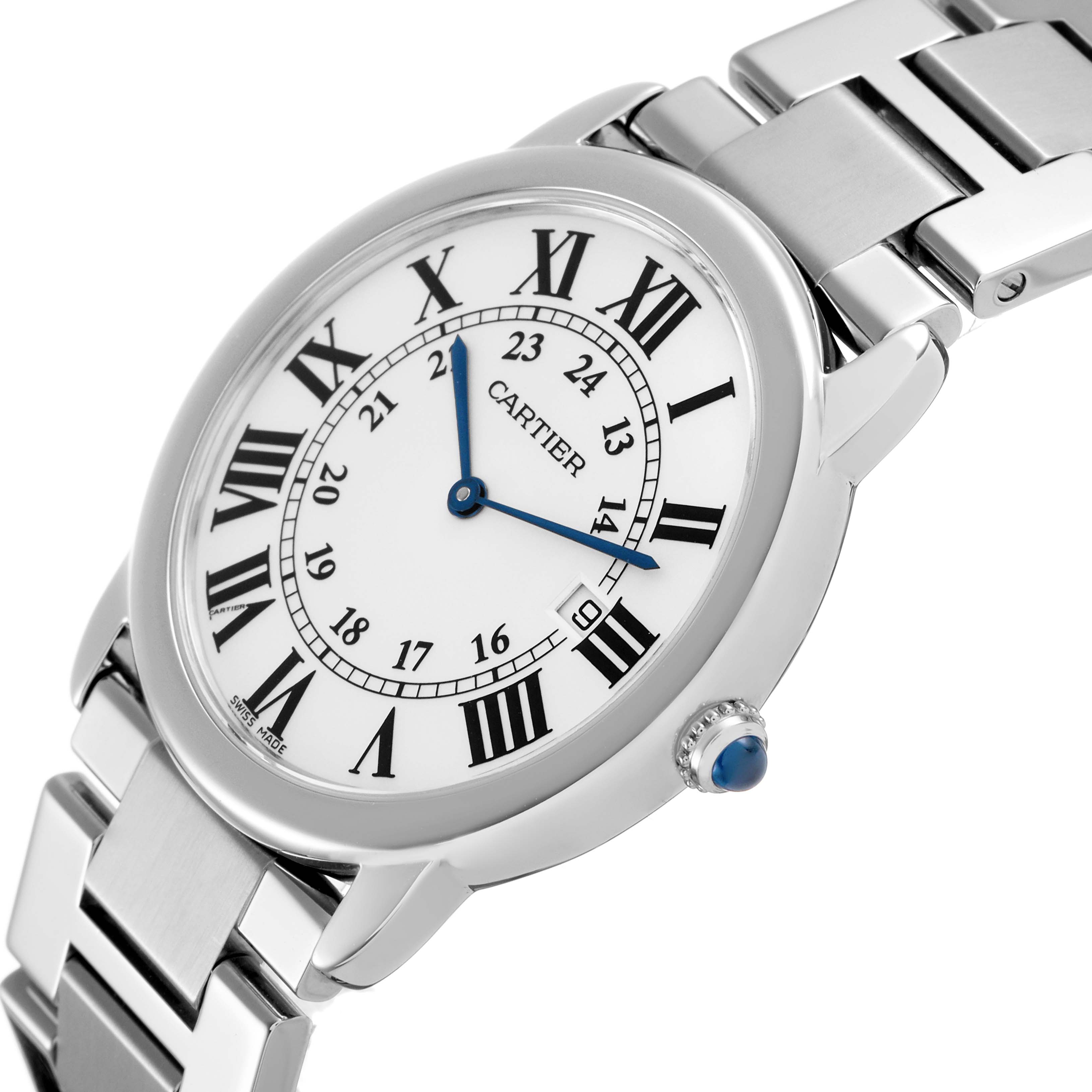 The Cartier Ronde W6701005 Men's Stainless Steel White Dial watch is shown at a slight angle, displaying the face, bezel, blue hands, Roman numeral markers, crown, and metal bracelet.