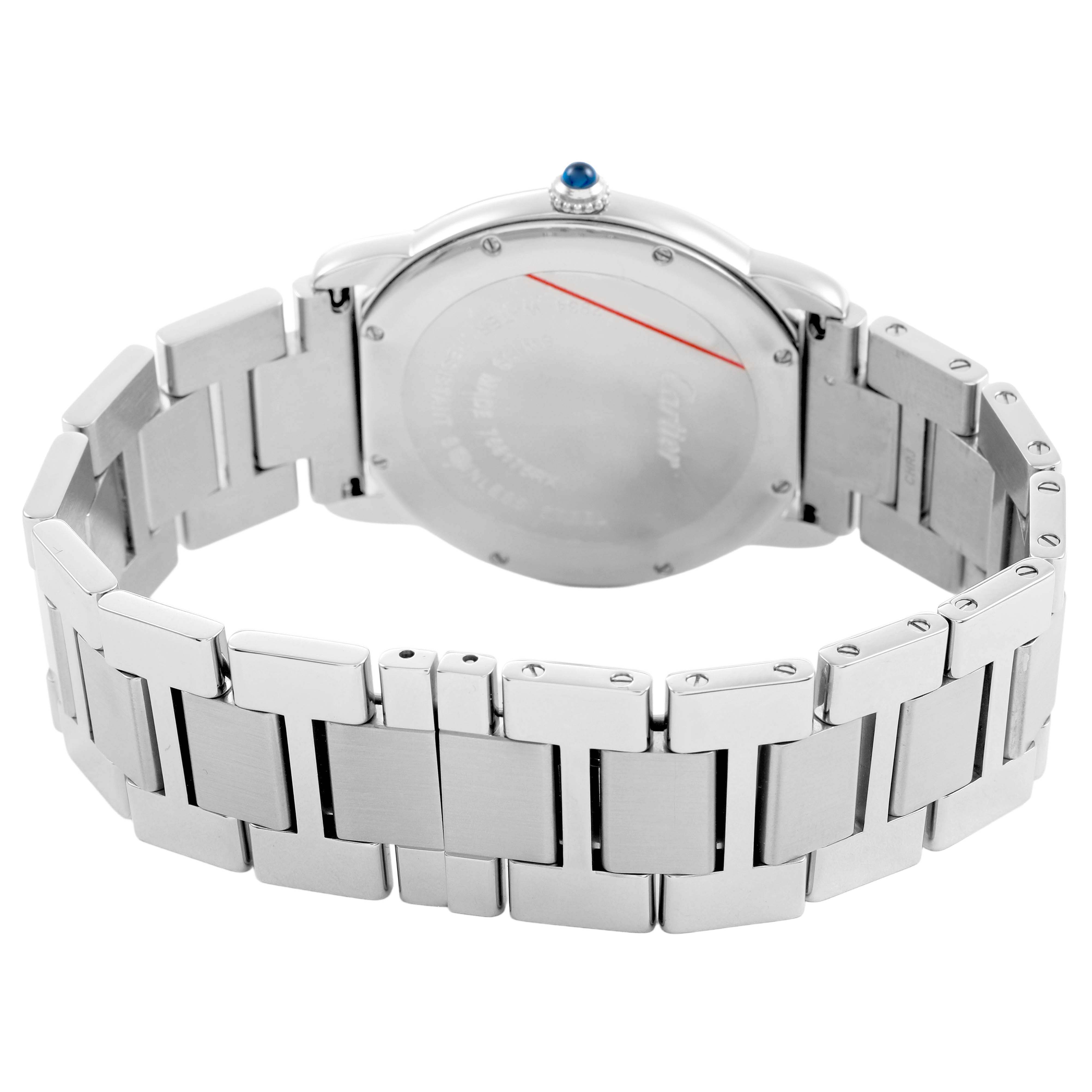 The image shows the backside of the Cartier Ronde W6701005 Men's Stainless Steel White Dial watch at an angle, highlighting the stainless steel bracelet and case back.