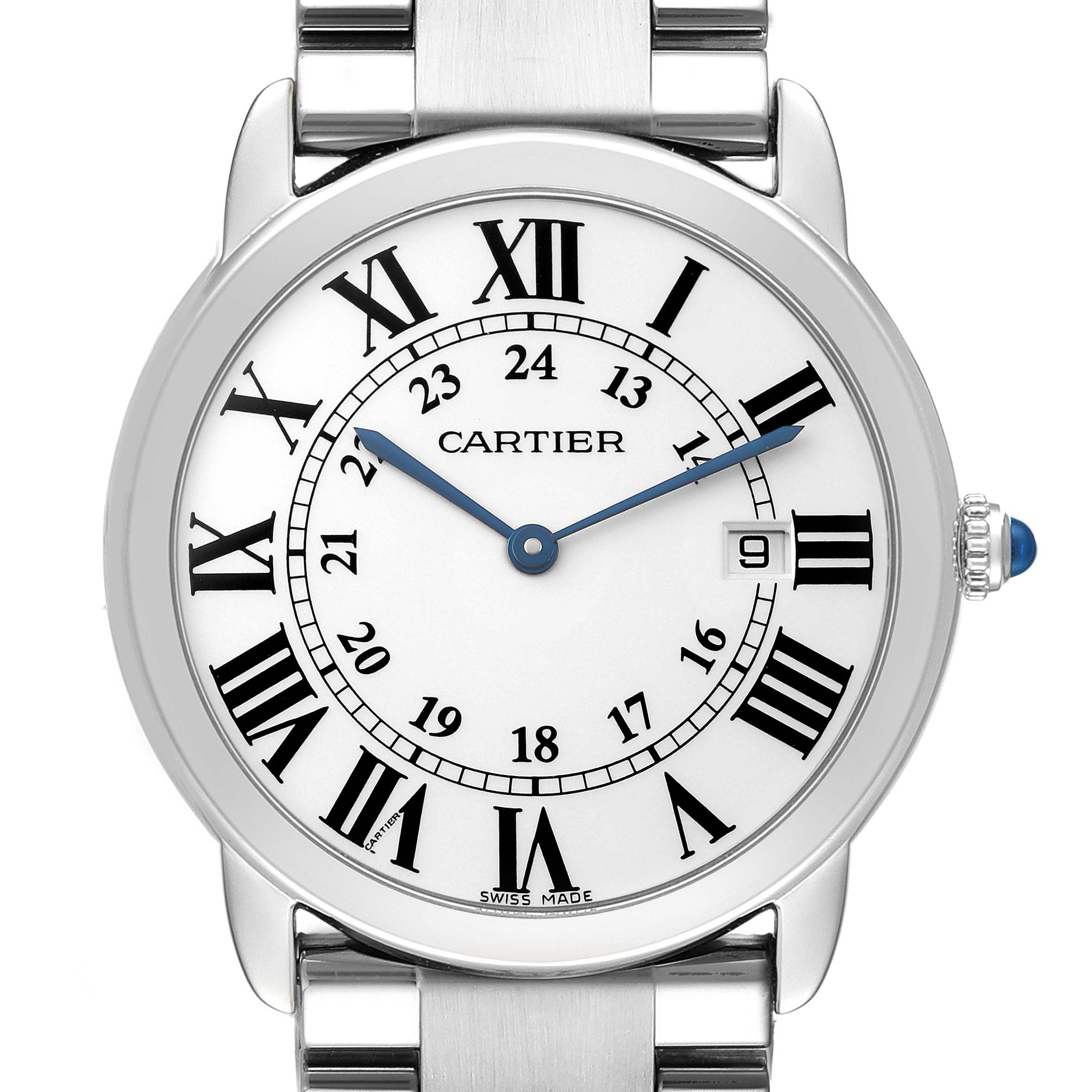 The Cartier Ronde W6701005 Men's Stainless Steel White Dial watch is shown from a front angle, displaying its face, Roman numerals, and stainless steel bracelet.
