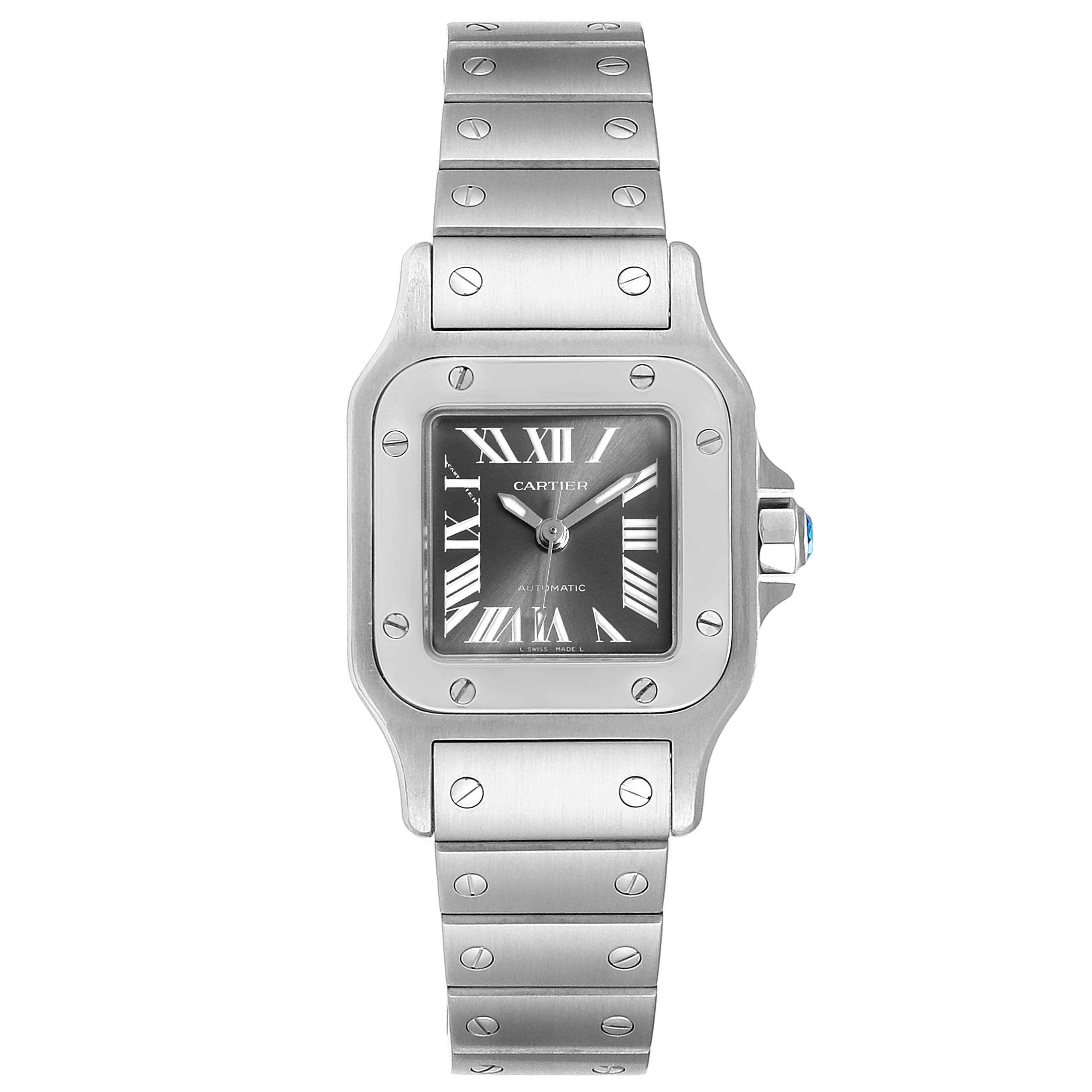 The image shows a frontal view of the Cartier Santos W20066D6 Women's Stainless Steel Grey Dial W20066D6 Women's Stainless Steel Grey Dial watch, featuring its square face, Roman numeral dial, and metal bracelet.