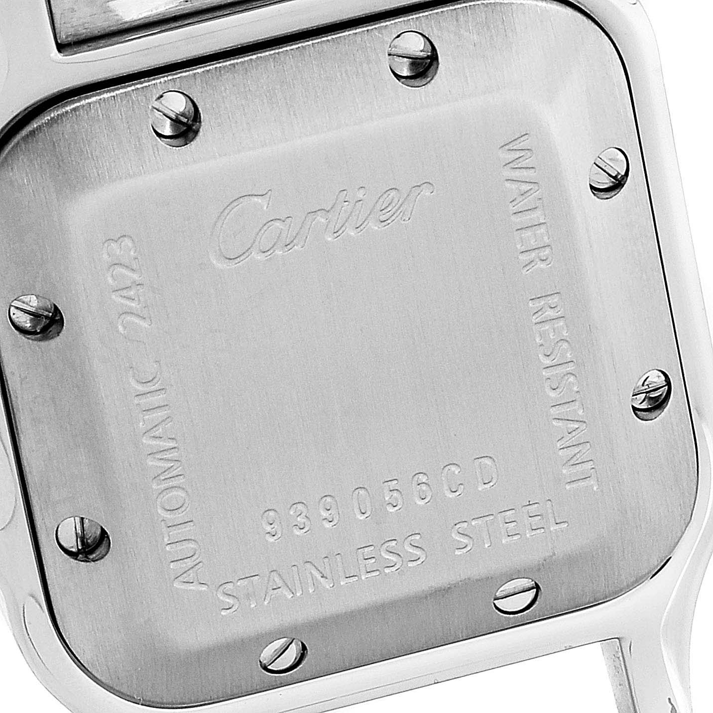 This image shows the case back of the Cartier Santos W20066D6 Women's Stainless Steel Grey Dial W20066D6 Women's Stainless Steel Grey Dial watch, highlighting the screws, branding, and material details.