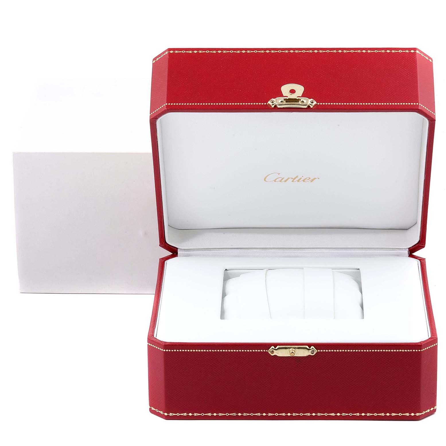 The image shows an empty Santos model by Cartier watch box, open, displaying its cushioned interior.