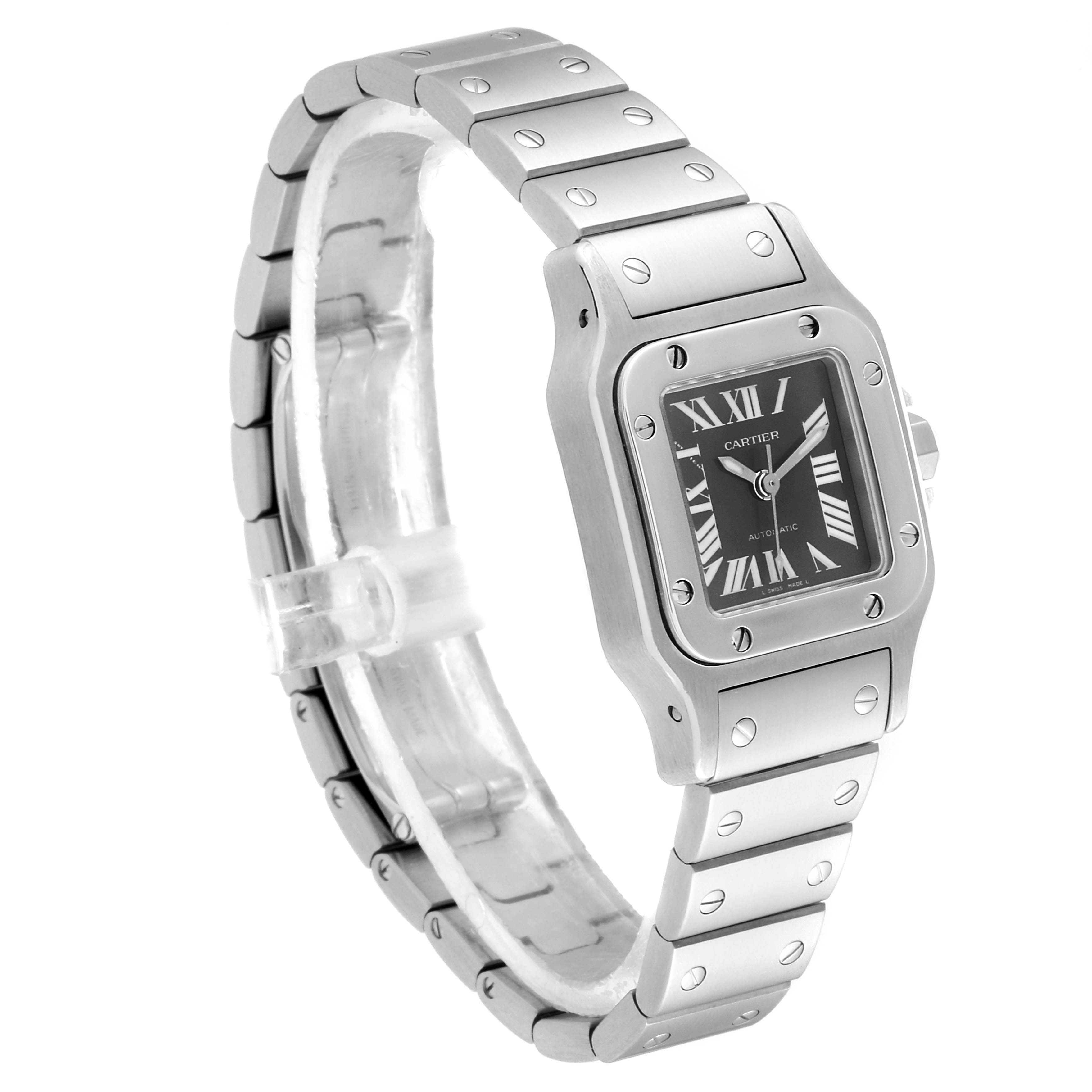 The Cartier Santos W20066D6 Women's Stainless Steel Grey Dial W20066D6 Women's Stainless Steel Grey Dial watch is shown from a front angle, focusing on the face, bezel, and metal bracelet.
