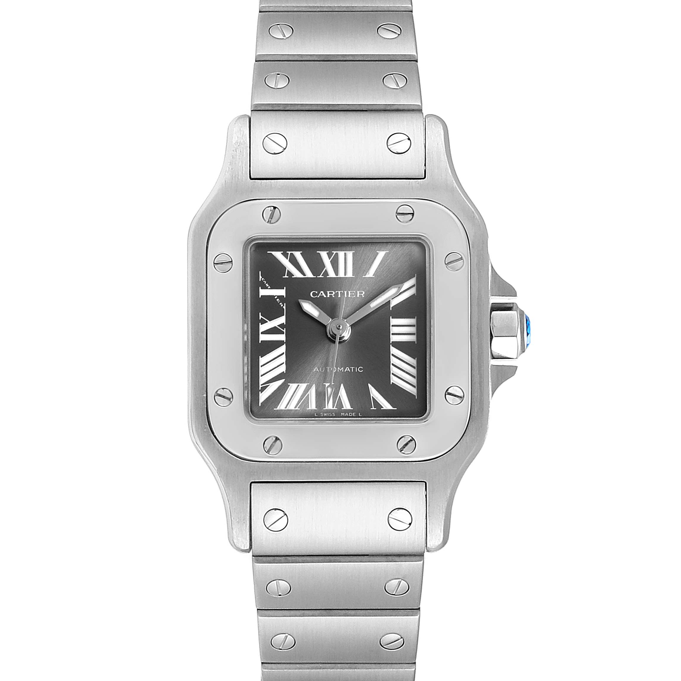 The image shows a Santos de Cartier watch from a front angle, highlighting its full face and part of the bracelet.