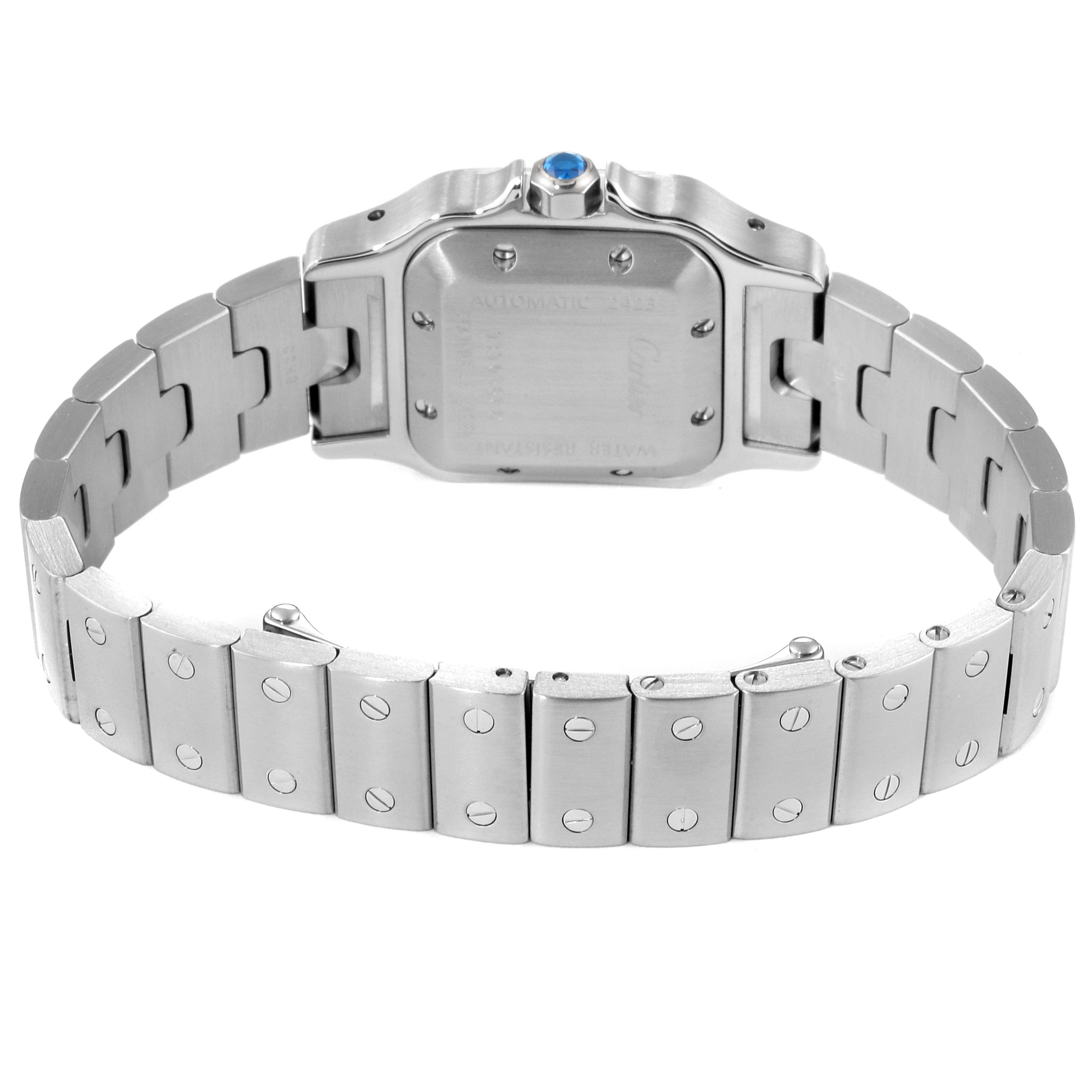 This image shows the backside and bracelet of the Cartier Santos W20066D6 Women's Stainless Steel Grey Dial W20066D6 Women's Stainless Steel Grey Dial watch, with its distinctive screws and deployment clasp.