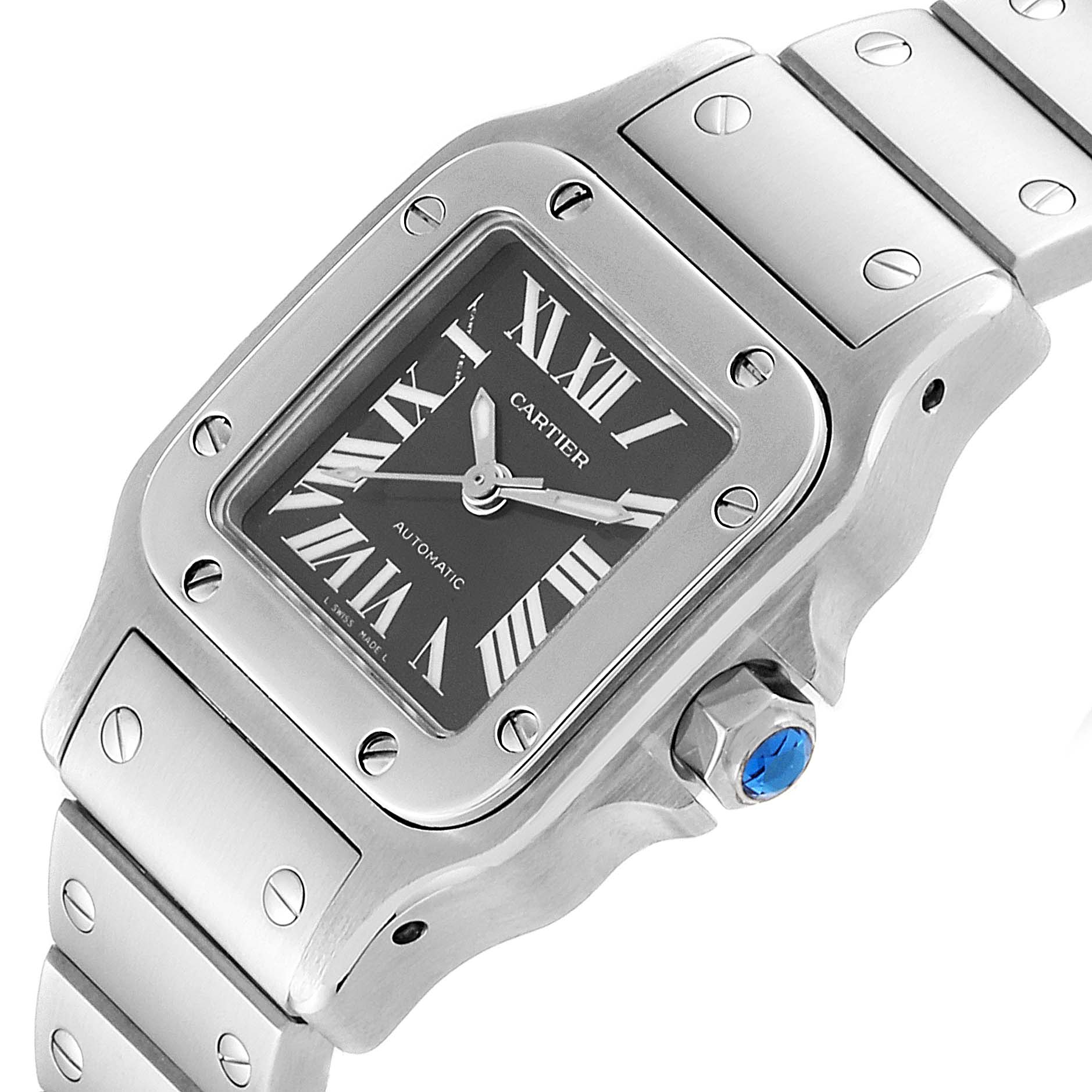 This image shows a close-up top angle of a Cartier Santos W20066D6 Women's Stainless Steel Grey Dial W20066D6 Women's Stainless Steel Grey Dial watch, highlighting the face, bezel, and part of the bracelet.