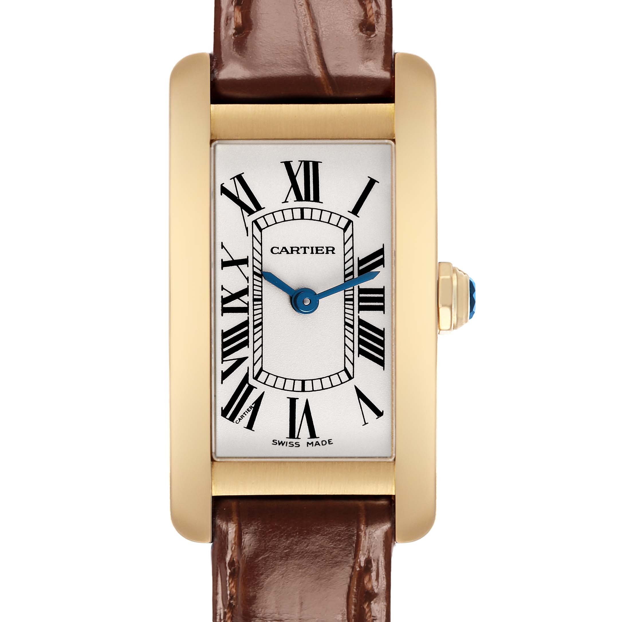 The Cartier Tank Américaine watch is shown from a top-down angle, highlighting the dial, case, and leather strap.