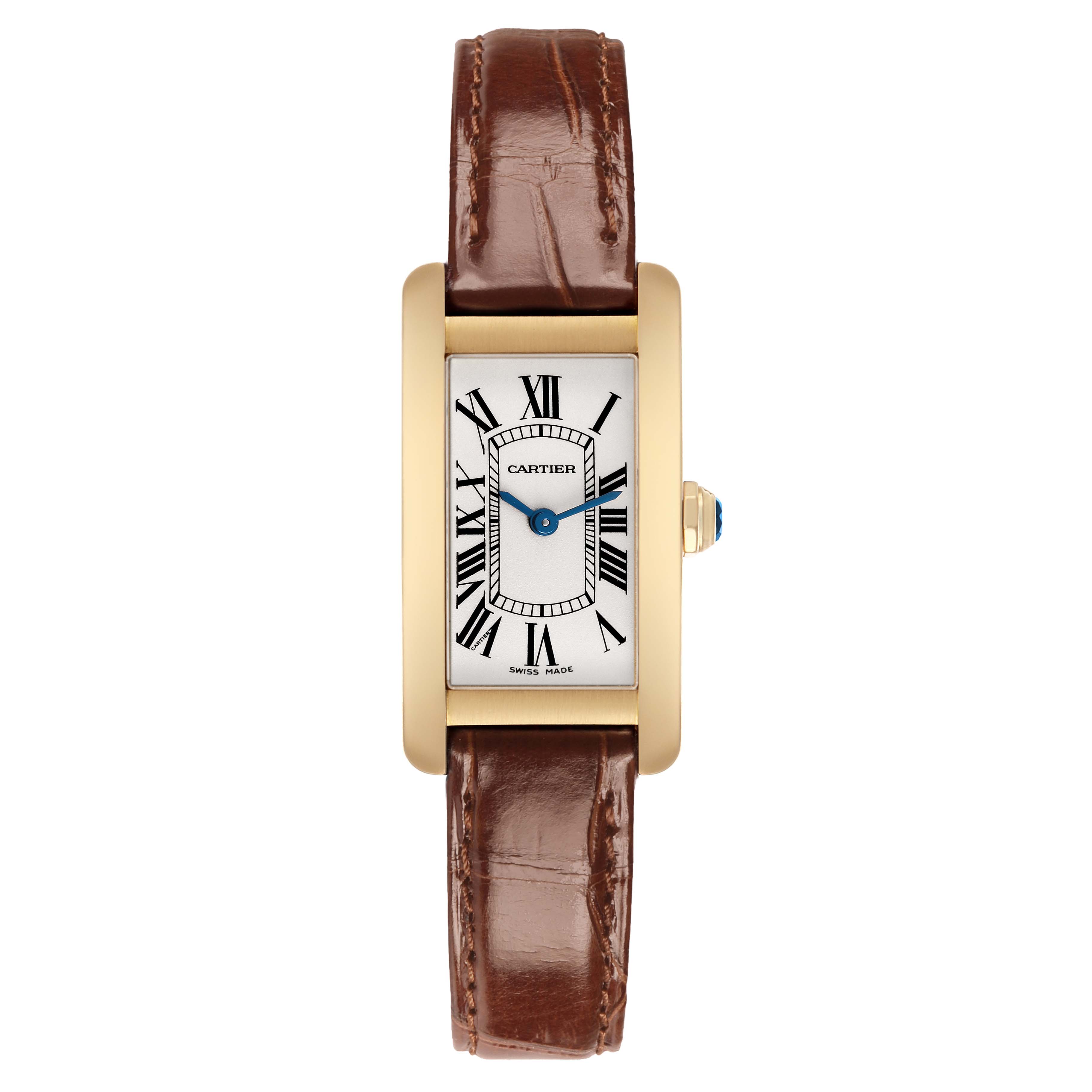 The Cartier Tank Americaine W2601556 Women's Yellow Gold White Dial watch is shown from a top-down angle, displaying its rectangular dial, Roman numerals, and brown leather strap.