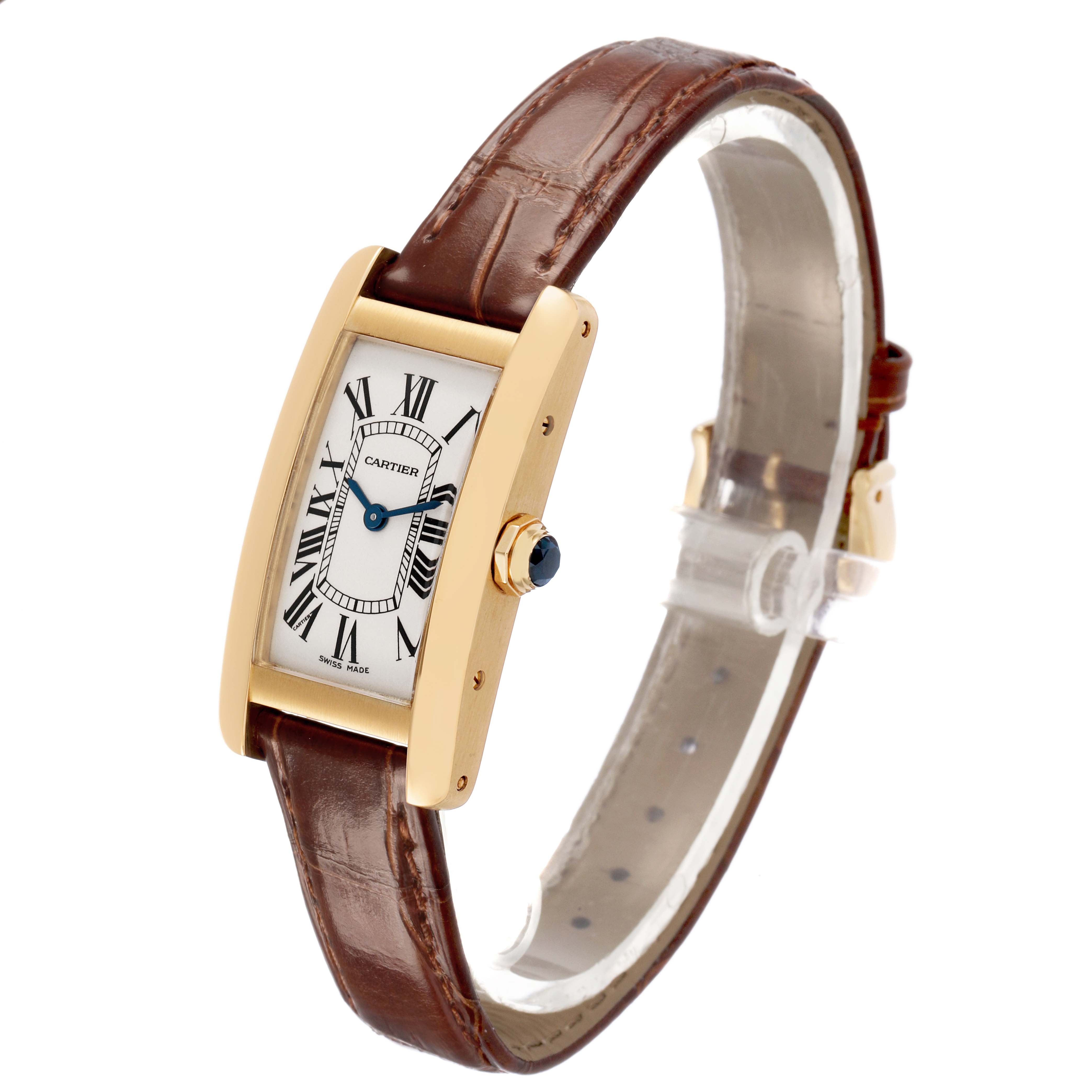The Cartier Tank Américaine watch is shown at a three-quarter angle, displaying its case, dial, and leather strap.