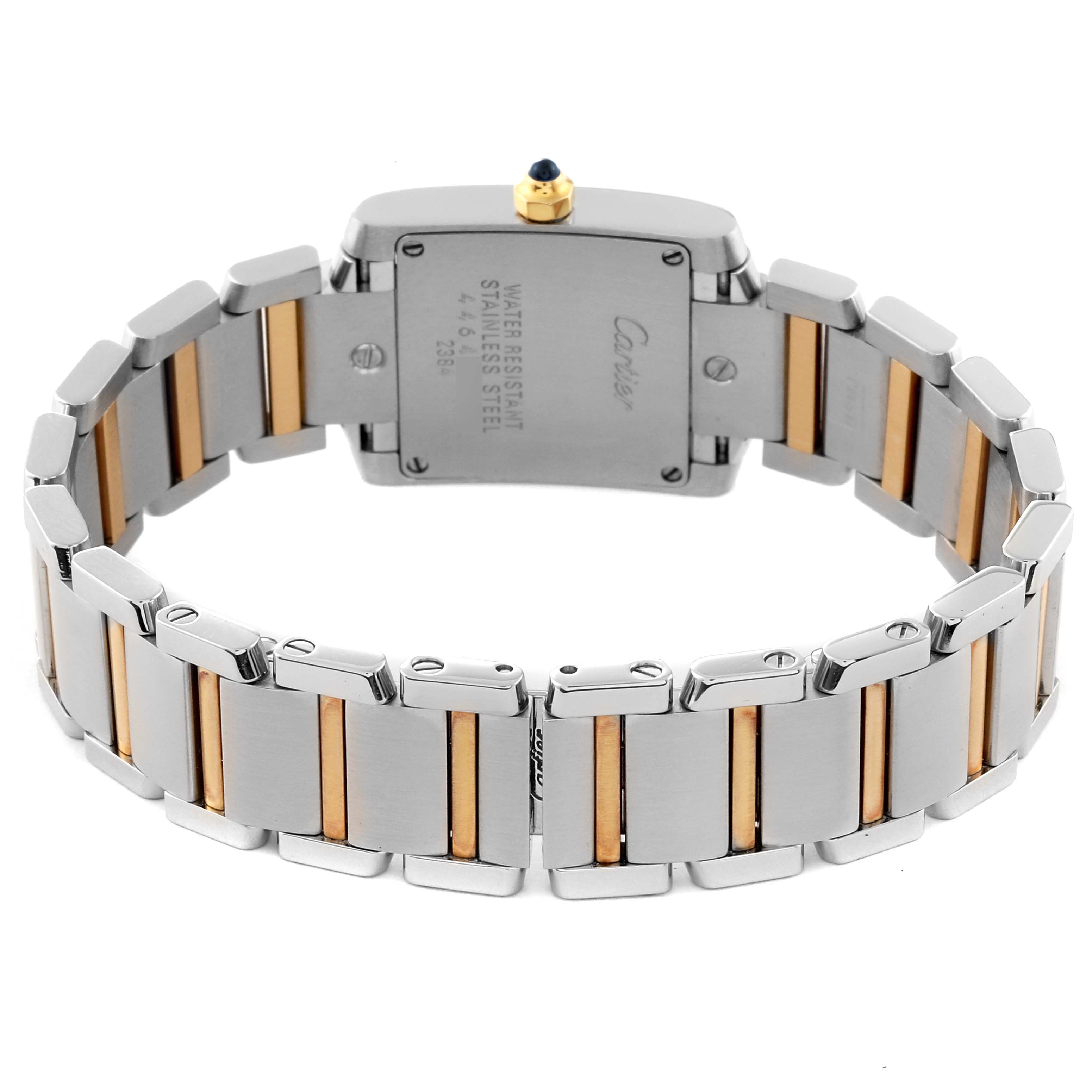 The image shows the back view of the Cartier Tank Française watch, highlighting the strap and case back.