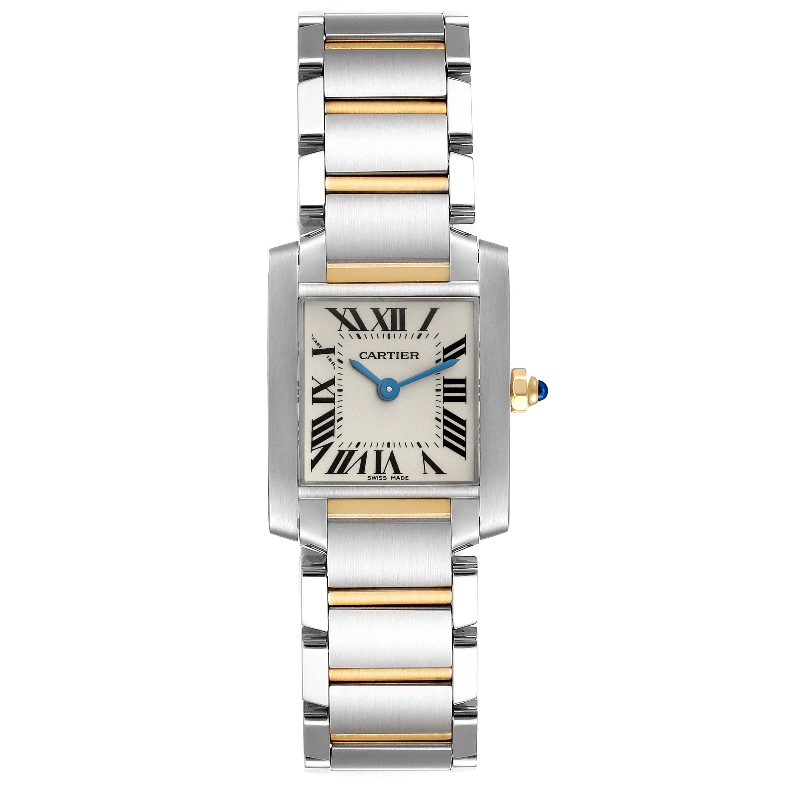 This image shows a front view of the Tank Française watch by Cartier, including the face and bracelet.