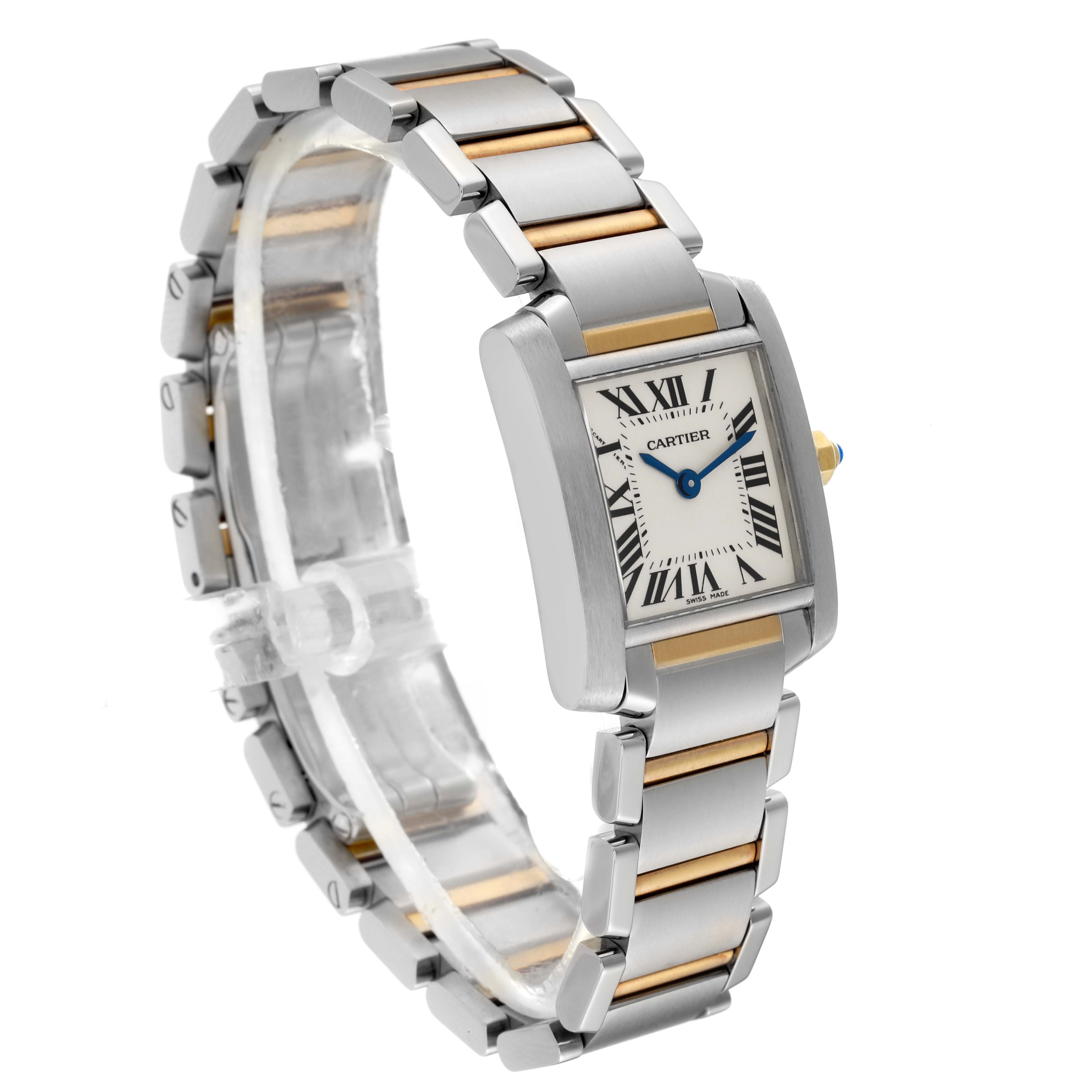 The image shows a Cartier Tank Francaise W51007Q4 Women's Steel and Gold (two tone) Silver Dial W51007Q4 Women's Steel and Gold (two tone) Silver Dial model watch with a stainless steel and gold bracelet, angled slightly view for full visibility.