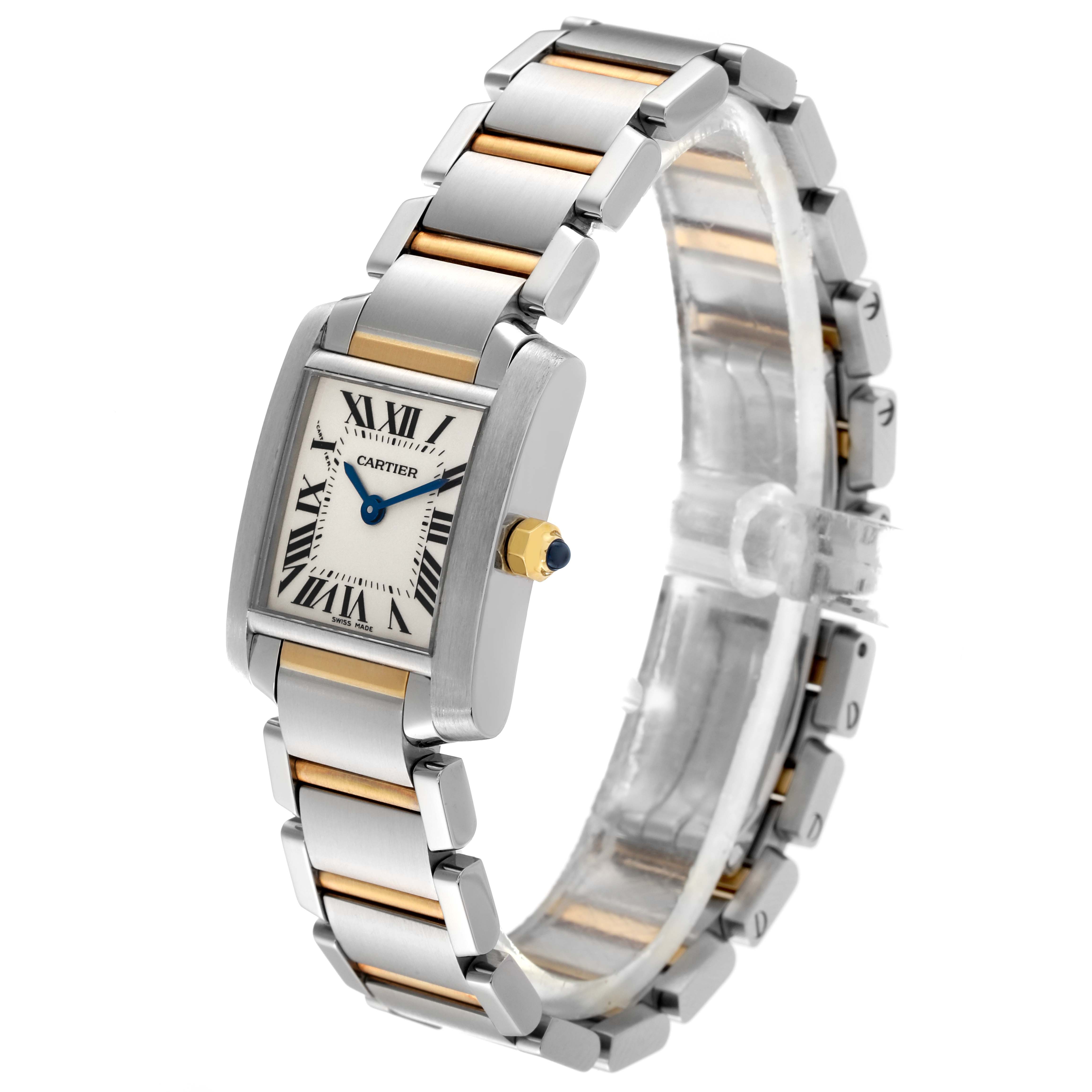 The Cartier Tank Francaise W51007Q4 Women's Steel and Gold (two tone) Silver Dial W51007Q4 Women's Steel and Gold (two tone) Silver Dial watch is shown at an angle highlighting its face, bracelet, and crown.