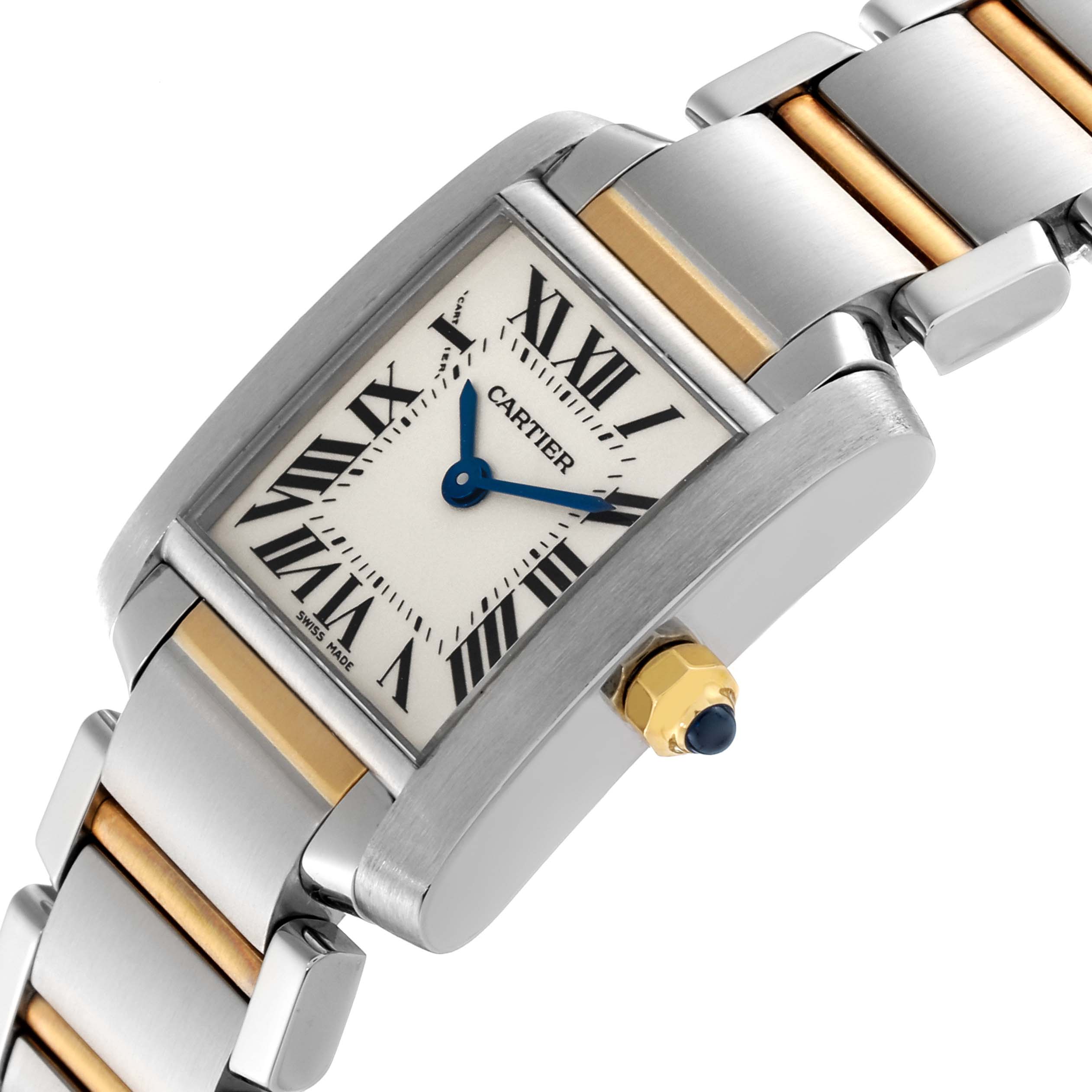 This image shows a close-up angled view of the Cartier Tank Francaise W51007Q4 Women's Steel and Gold (two tone) Silver Dial W51007Q4 Women's Steel and Gold (two tone) Silver Dial watch, showcasing its face, crown, and part of the metal bracelet.
