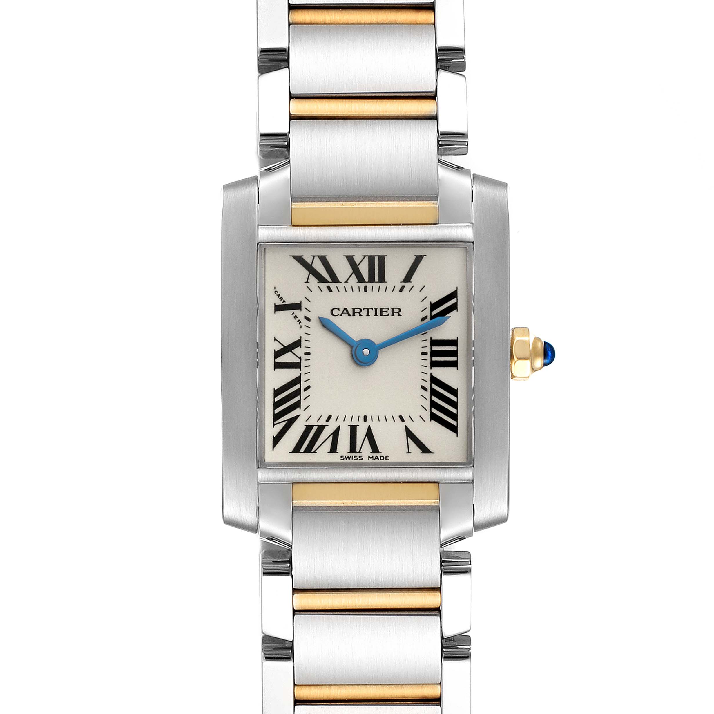 The Cartier Tank Francaise W51007Q4 Women's Steel and Gold (two tone) Silver Dial W51007Q4 Women's Steel and Gold (two tone) Silver Dial watch is shown from the front, displaying its face, bracelet, and crown.