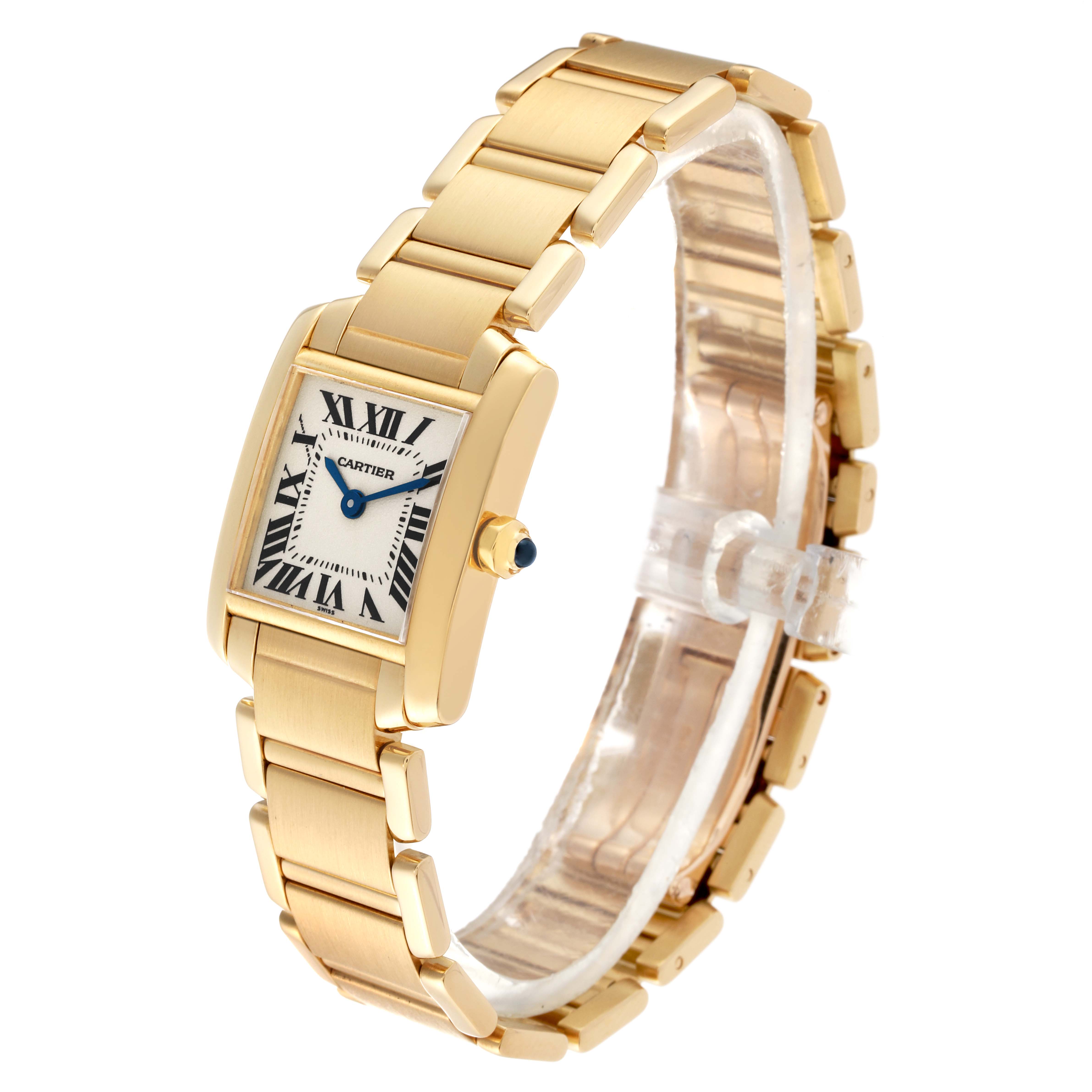 The Cartier Tank Française watch is shown at a tilted angle highlighting the face, bezel, and part of the gold bracelet.