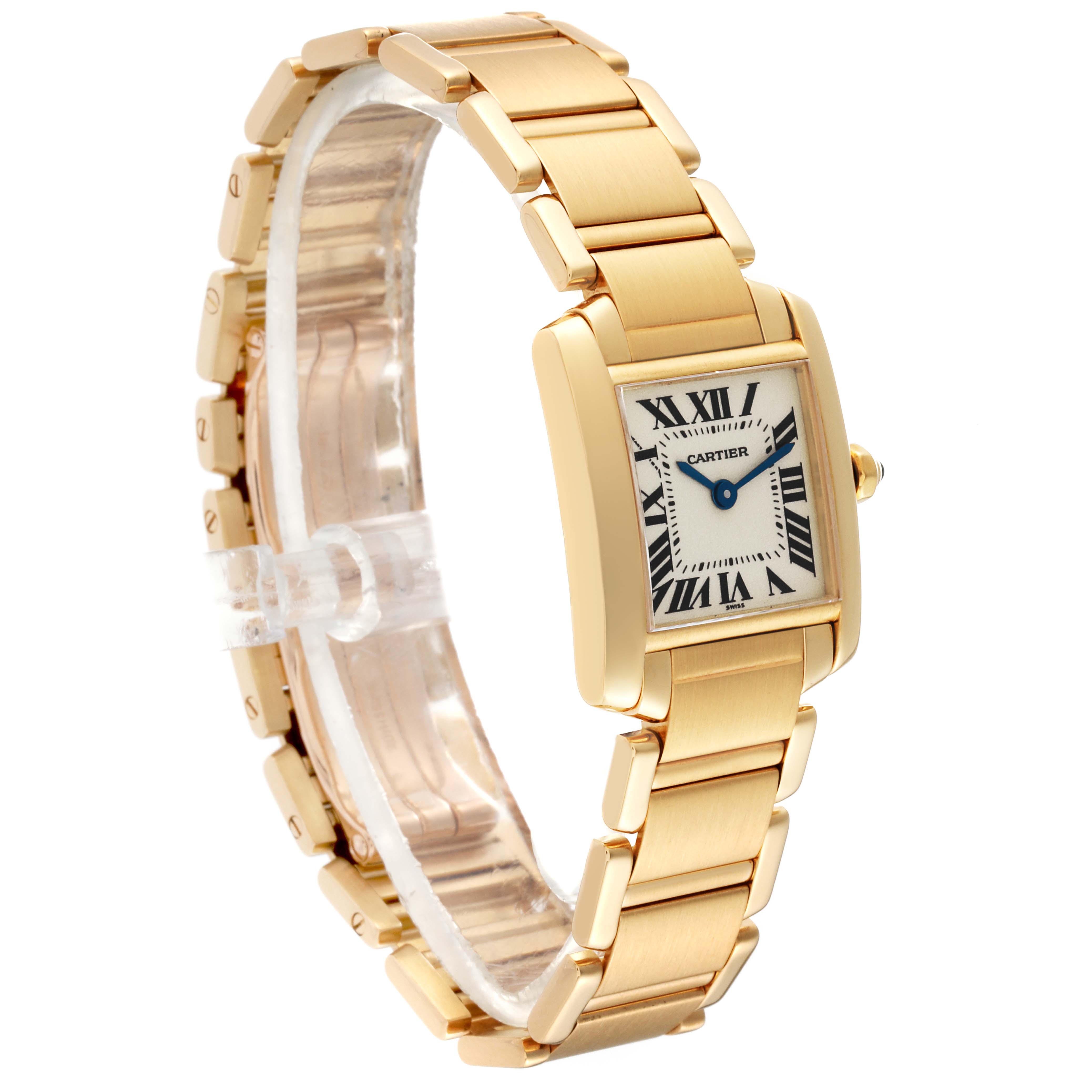 The Cartier Tank Française watch is angled to show the front face, bracelet, and part of the side.