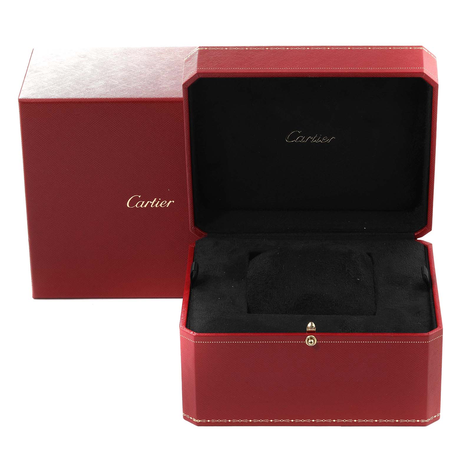 Red Cartier box for the Tank Francaise model, shown open with a black interior and matching outer box.