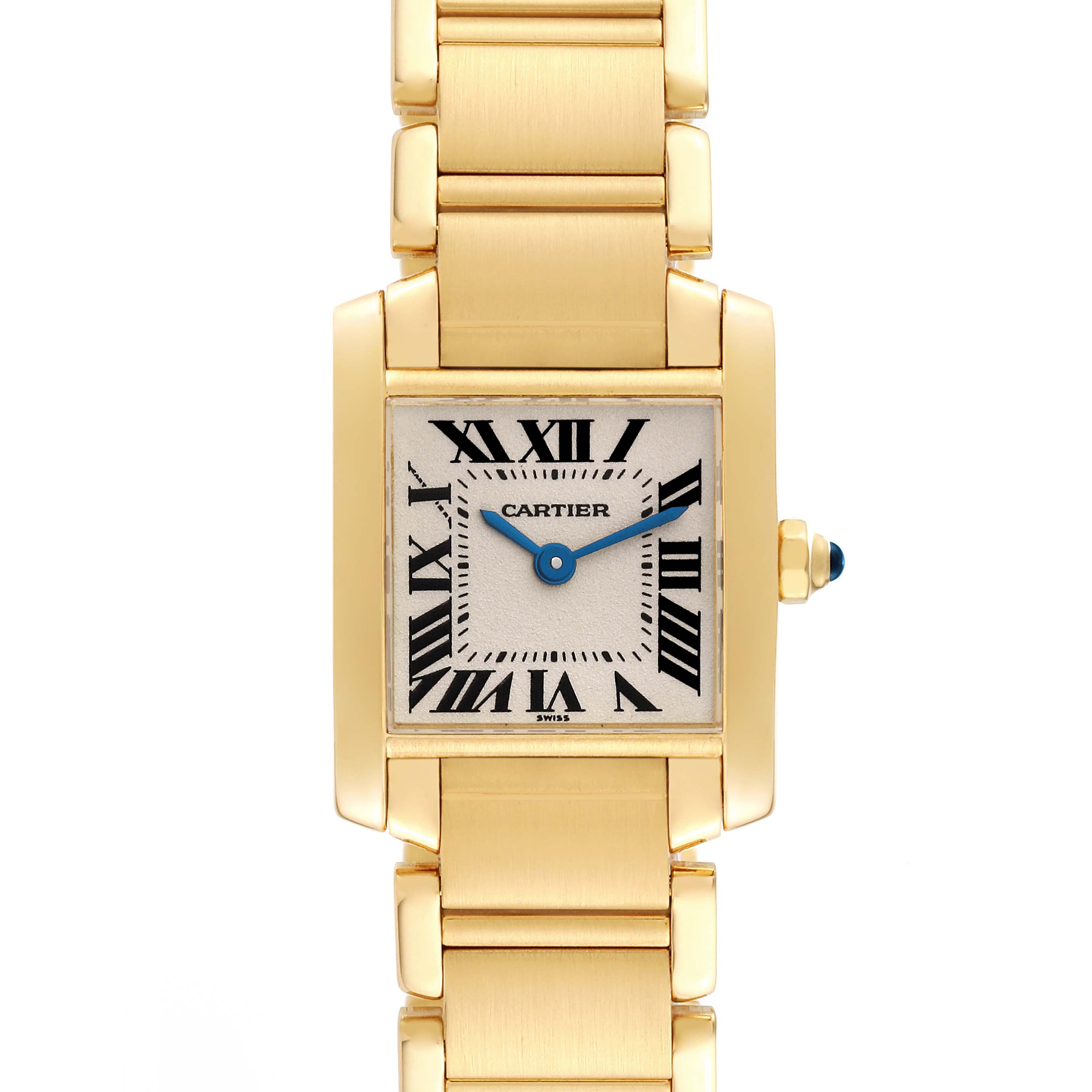 The Cartier Tank Francaise W50002N2 Women's Yellow Gold Silver Dial W50002N2 Women's Yellow Gold Silver Dial watch is shown from a top-down angle, featuring the face, bezel, and part of the bracelet.