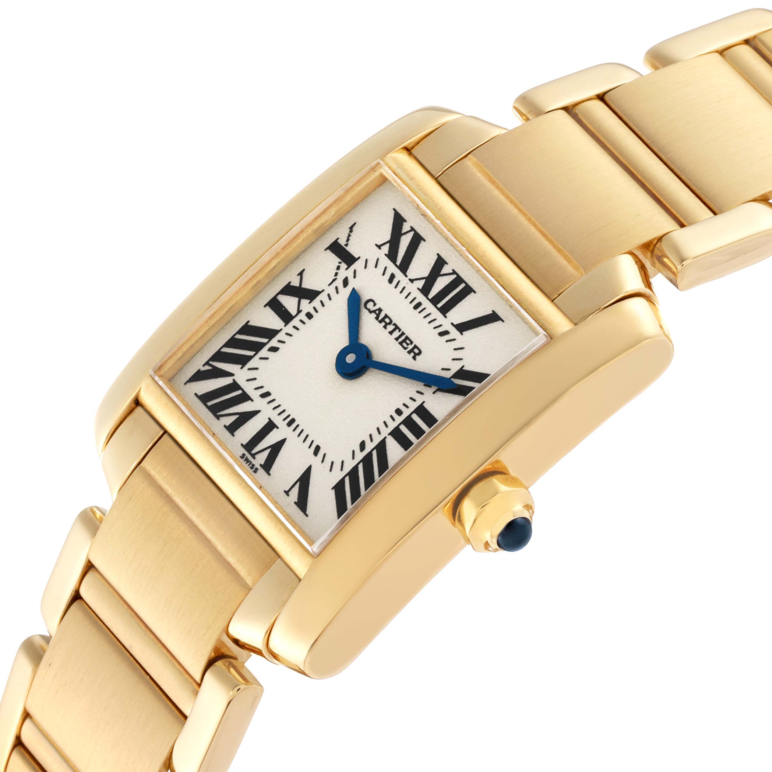 The image shows a close-up, angled view of a Cartier Tank Française watch, highlighting the face, case, and part of the bracelet.