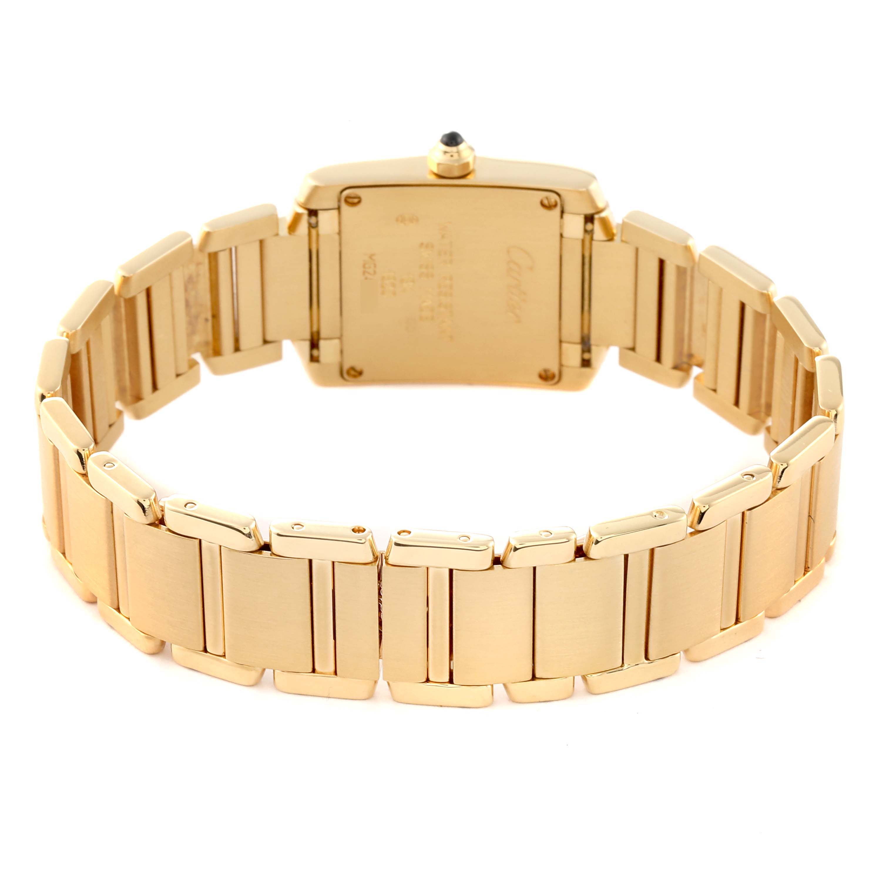 The image shows the back view of a Cartier Tank Française watch, highlighting its gold bracelet and case back.